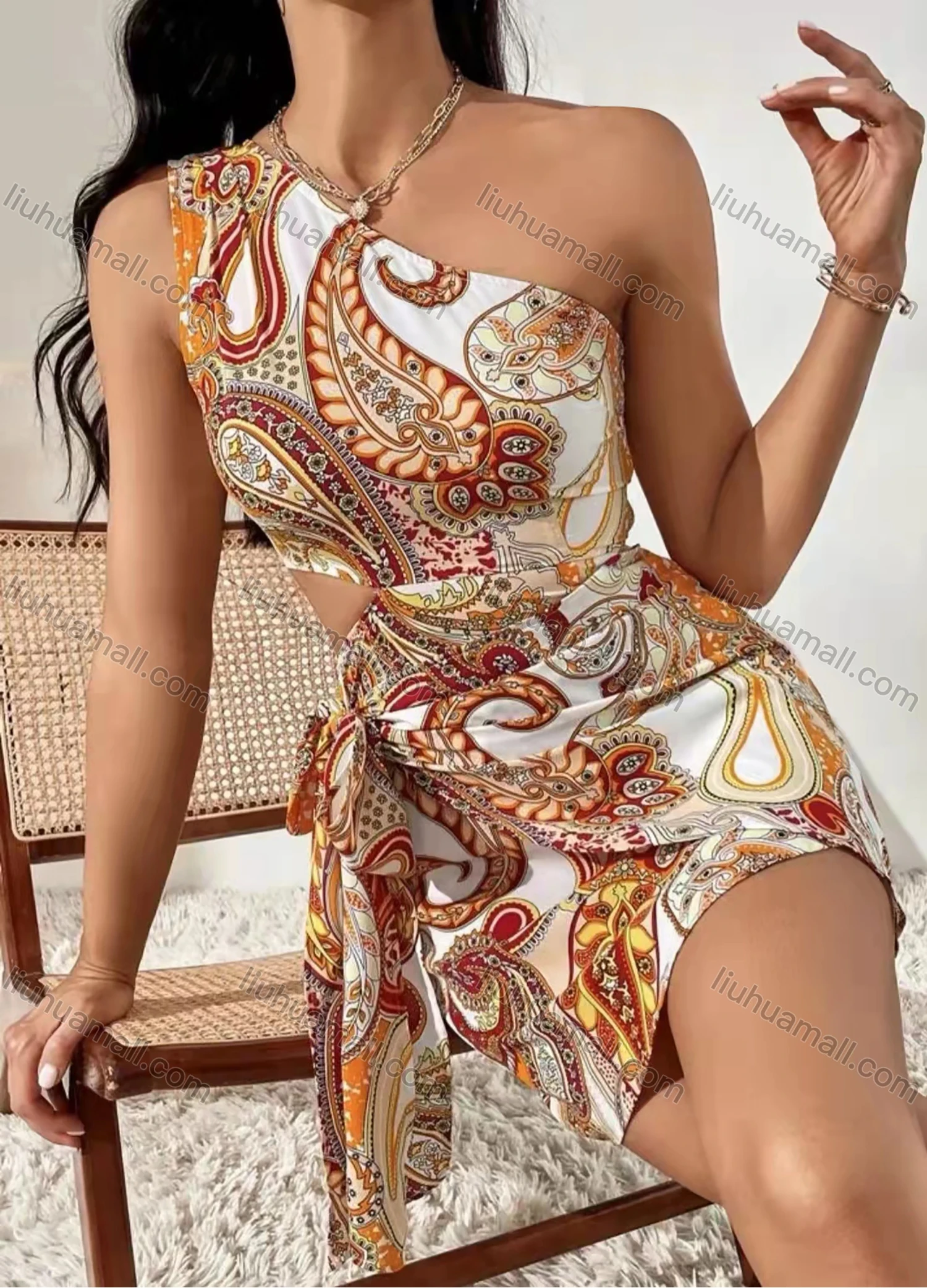 Wholesale Women's Fashion One Shoulder Sleeveless Paisley Print Cutout Tie Side Short Dress AY117# - Liuhuamall