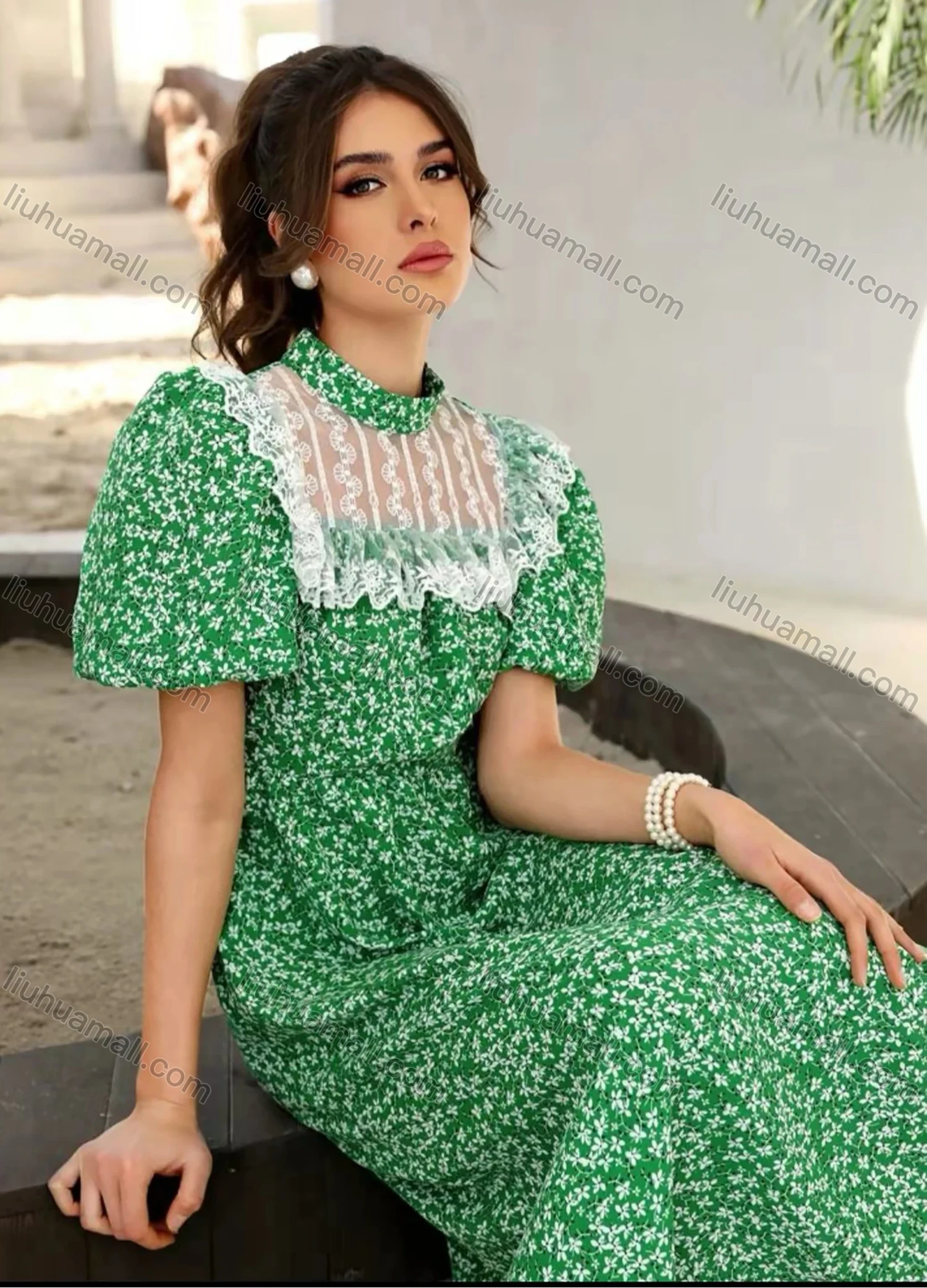 Wholesale Women's Retro Puff Sleeve Mock Neck Floral Print Lace Trim Midi Dress AY119# - Liuhuamall