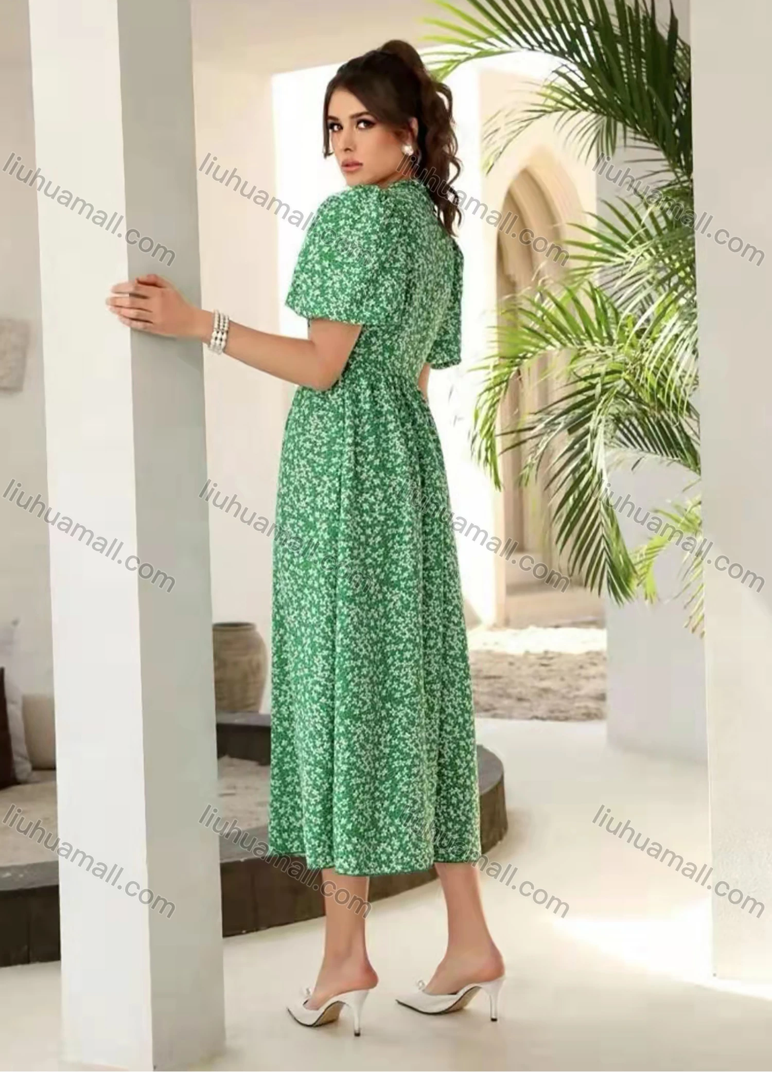 Wholesale Women's Retro Puff Sleeve Mock Neck Floral Print Lace Trim Midi Dress AY119# - Liuhuamall