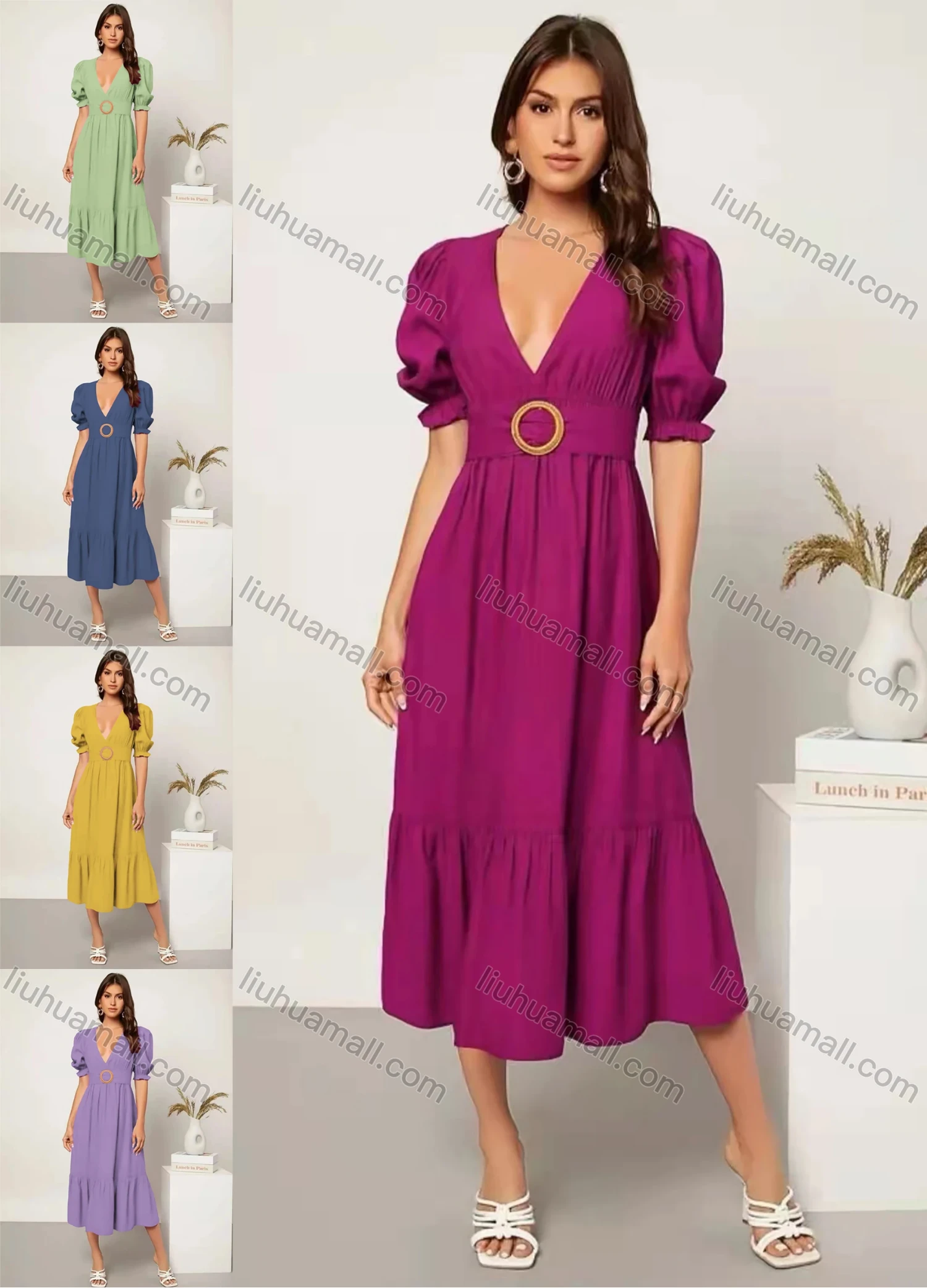 Wholesale Women's Elegant Deep V Neck Puff Sleeve Ruffle Hem Midi Dress With Belt AY121# - Liuhuamall