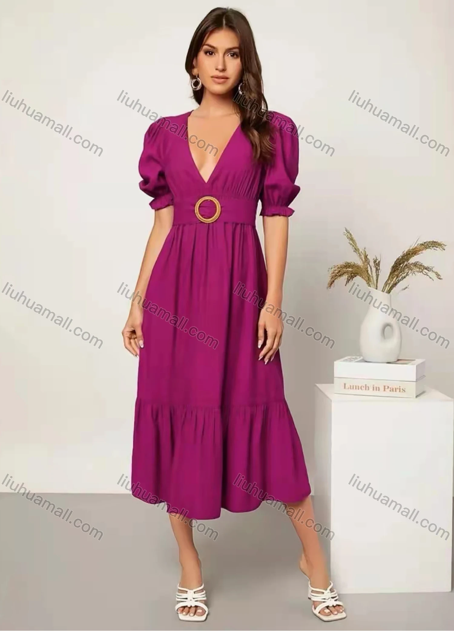 Wholesale Women's Elegant Deep V Neck Puff Sleeve Ruffle Hem Midi Dress With Belt AY121# - Liuhuamall