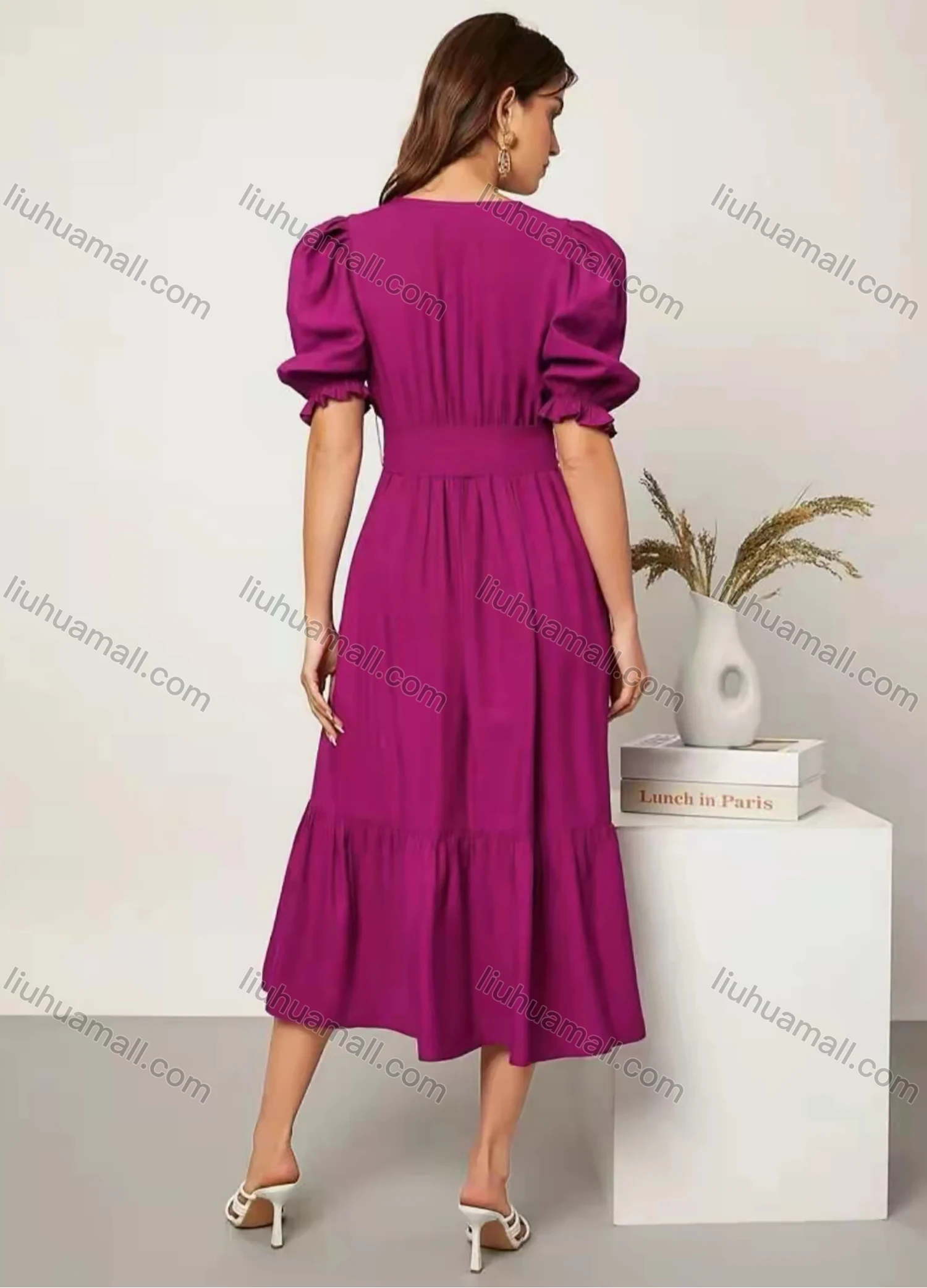 Wholesale Women's Elegant Deep V Neck Puff Sleeve Ruffle Hem Midi Dress With Belt AY121# - Liuhuamall