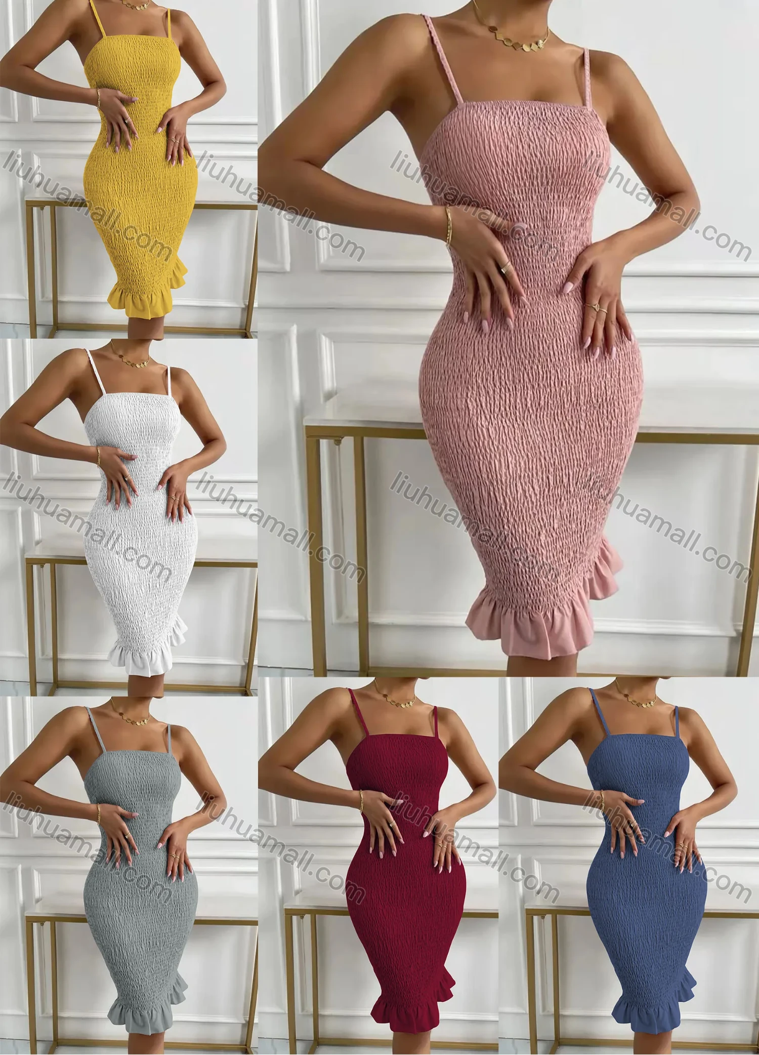 Wholesale Women's Sexy Spaghetti Strap Ruffle Hem Bodycon Knee Length Dress AY122# - Liuhuamall