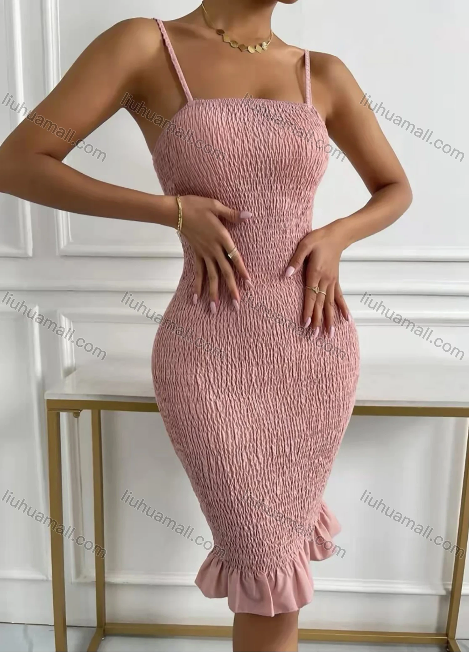 Wholesale Women's Sexy Spaghetti Strap Ruffle Hem Bodycon Knee Length Dress AY122# - Liuhuamall