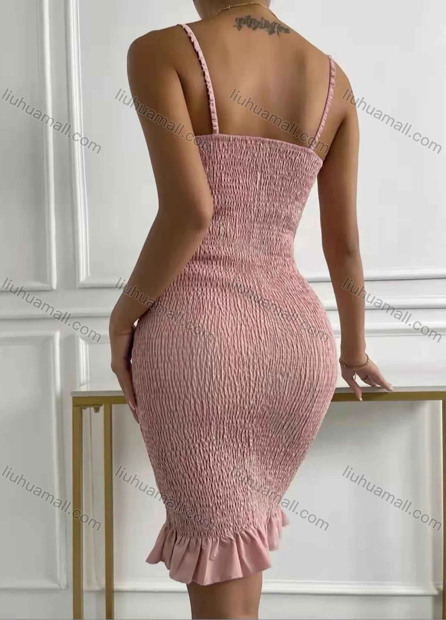 Wholesale Women's Sexy Spaghetti Strap Ruffle Hem Bodycon Knee Length Dress AY122# - Liuhuamall