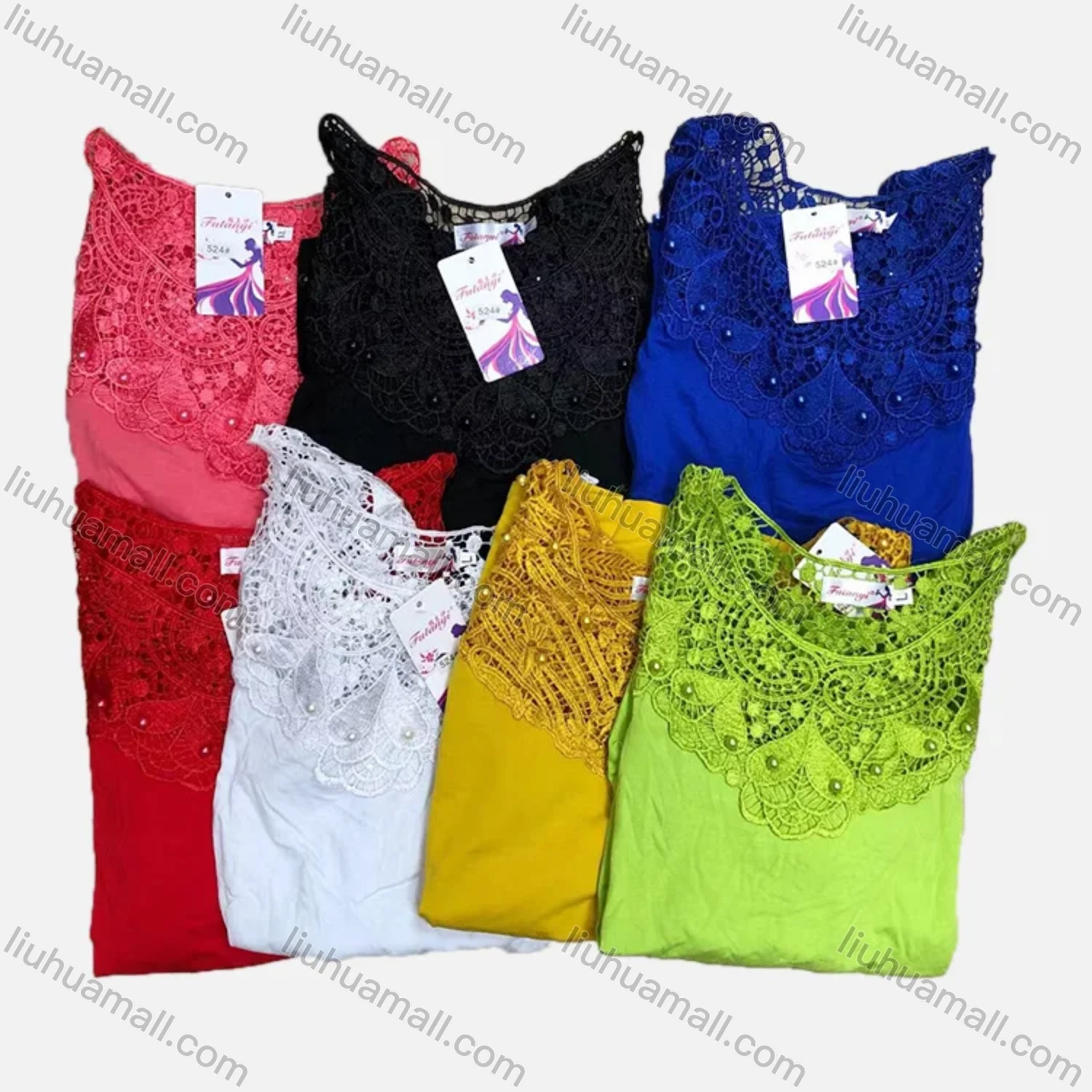 Wholesale Women's Vintage 3/4 Sleeve Embroidery Guipure Lace Trim Plain Tops - Liuhuamall