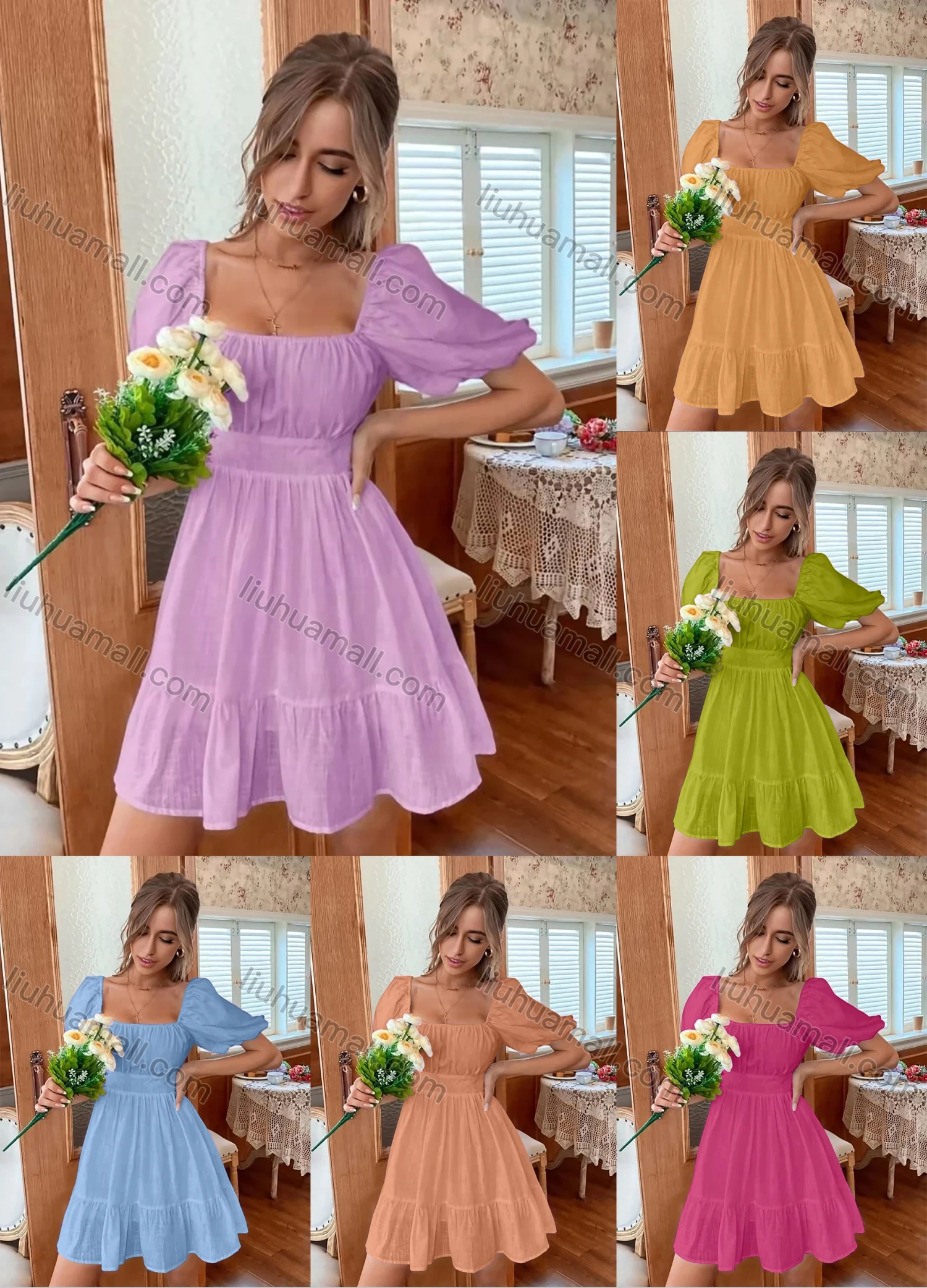 Wholesale Women's Square Neck Puff Sleeve Open Back Bow Knot Back Ruffle Hem Plain Short Dress AY181# - Liuhuamall