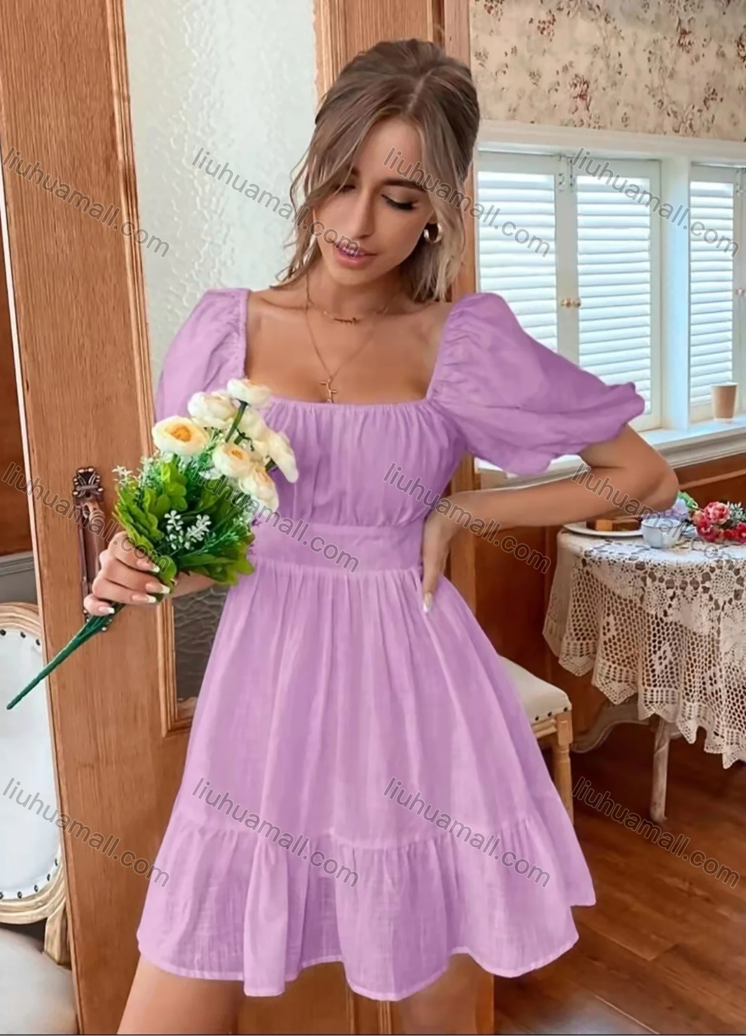 Wholesale Women's Square Neck Puff Sleeve Open Back Bow Knot Back Ruffle Hem Plain Short Dress AY181# - Liuhuamall