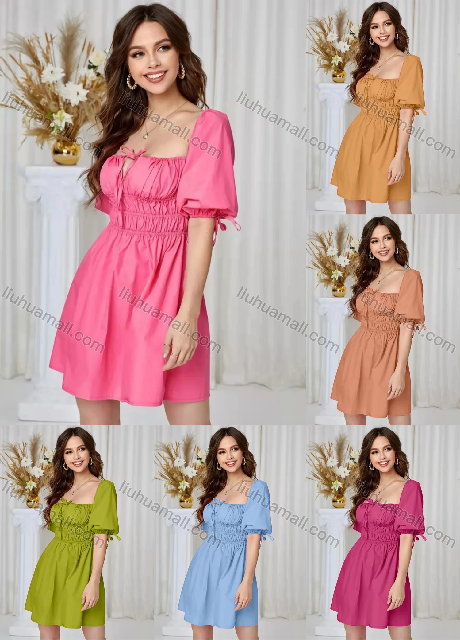 Wholesale Women's Sexy Square Neck Puff Sleeve Open Back Lace Up Ruched Plain Short Dress AY182# - Liuhuamall