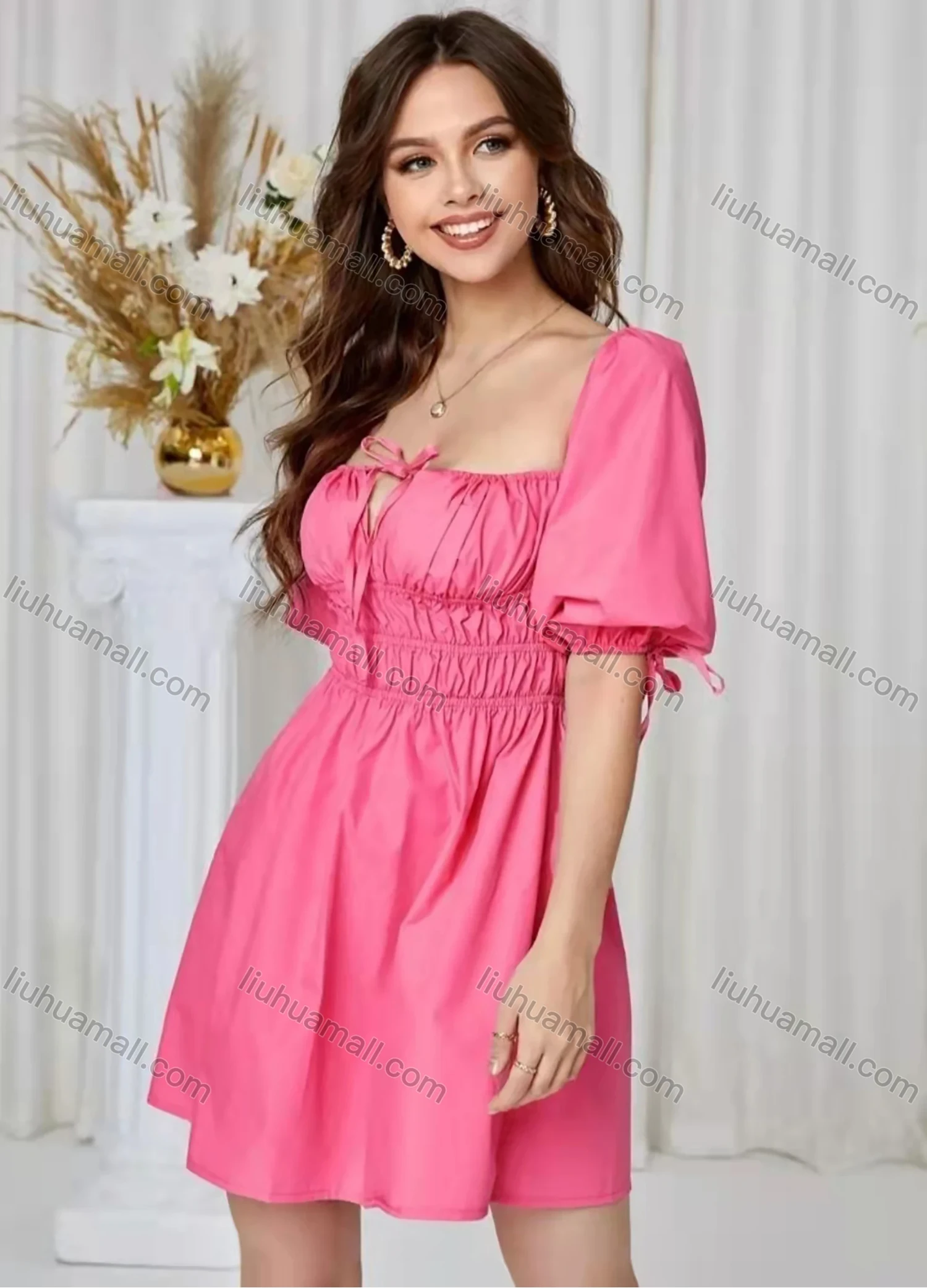 Wholesale Women's Sexy Square Neck Puff Sleeve Open Back Lace Up Ruched Plain Short Dress AY182# - Liuhuamall