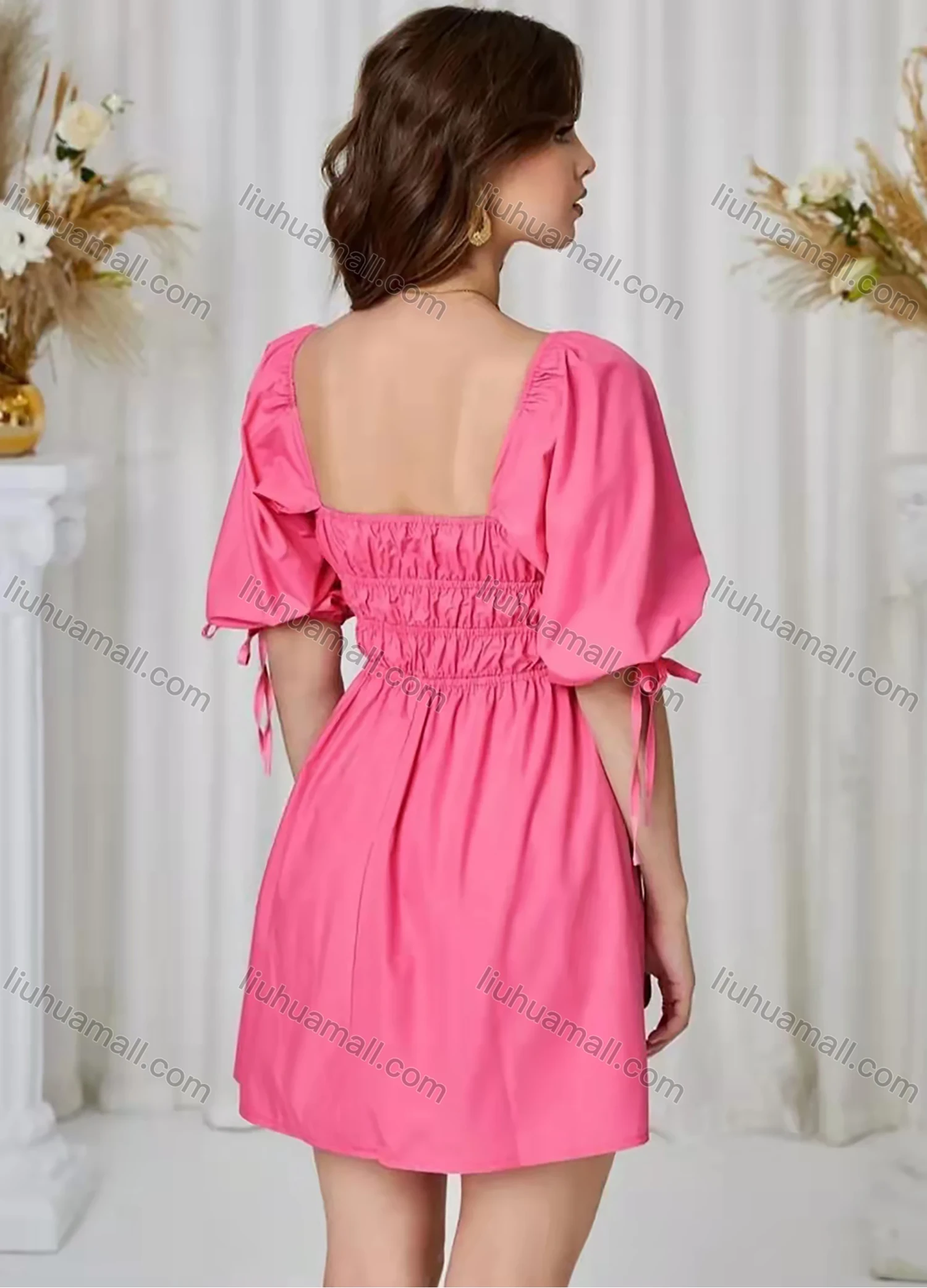 Wholesale Women's Sexy Square Neck Puff Sleeve Open Back Lace Up Ruched Plain Short Dress AY182# - Liuhuamall