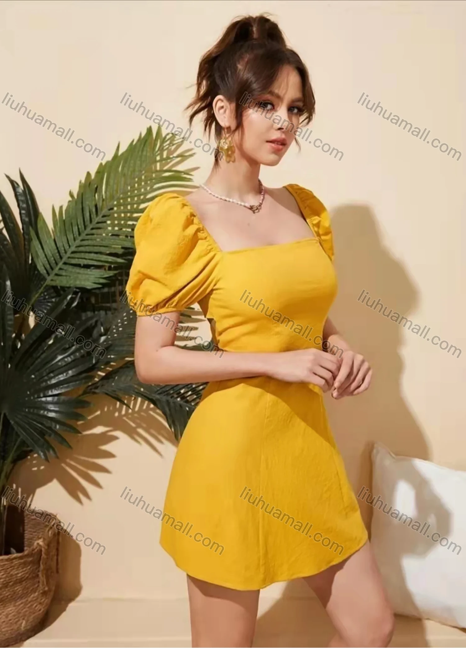 Wholesale Women's Square Neck Puff Sleeve Open Back Bow Knot Back Plain Short Dress AY183# - Liuhuamall