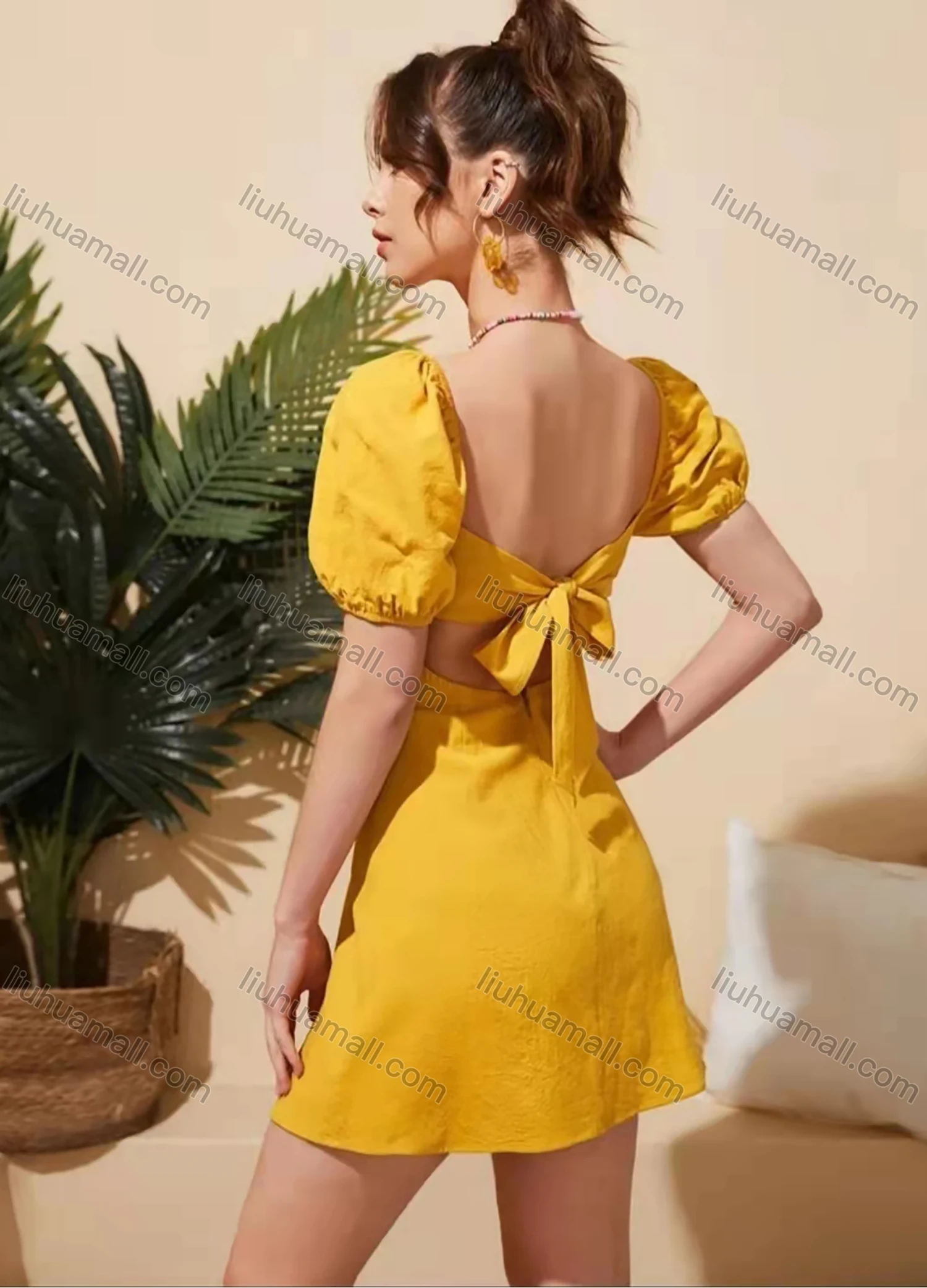 Wholesale Women's Square Neck Puff Sleeve Open Back Bow Knot Back Plain Short Dress AY183# - Liuhuamall