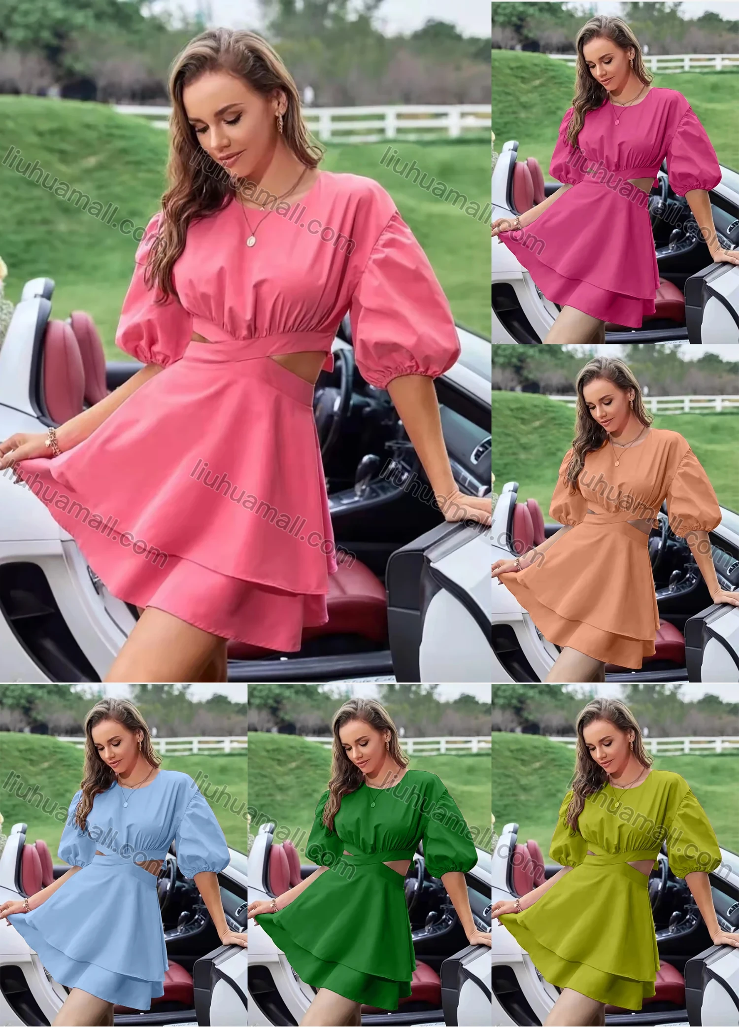 Wholesale Women's Round Neck Peasant Sleeve Cutout Waist Bow Knot Open Back Layered Plain Short Dress AY184# - Liuhuamall