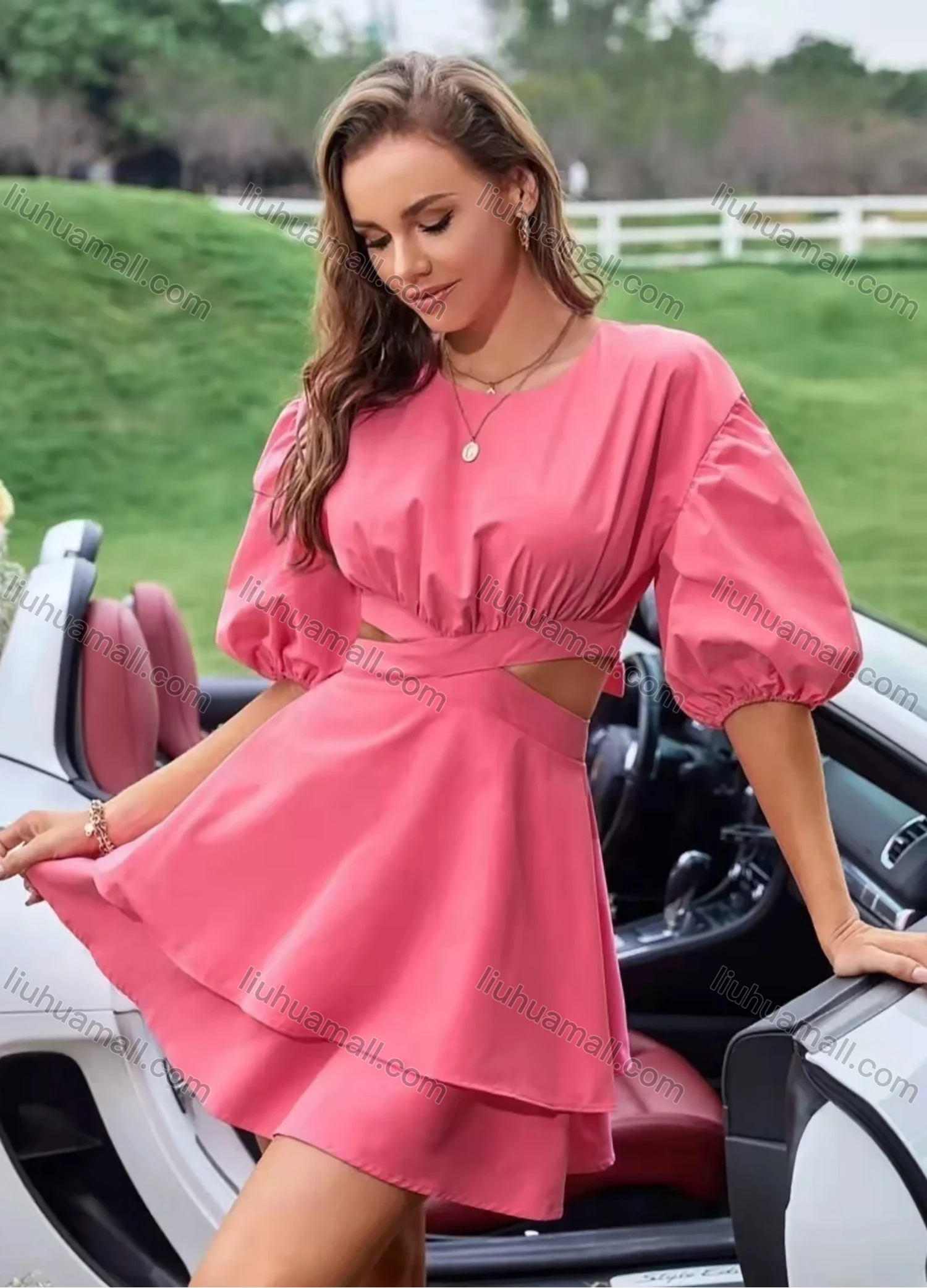 Wholesale Women's Round Neck Peasant Sleeve Cutout Waist Bow Knot Open Back Layered Plain Short Dress AY184# - Liuhuamall