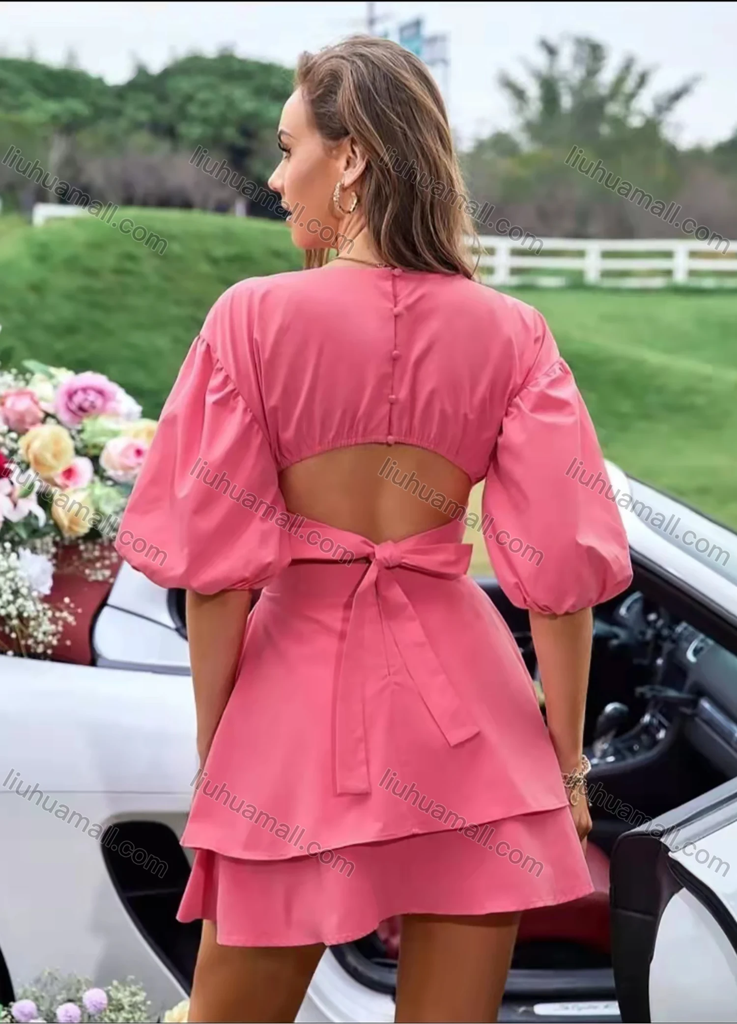 Wholesale Women's Round Neck Peasant Sleeve Cutout Waist Bow Knot Open Back Layered Plain Short Dress AY184# - Liuhuamall