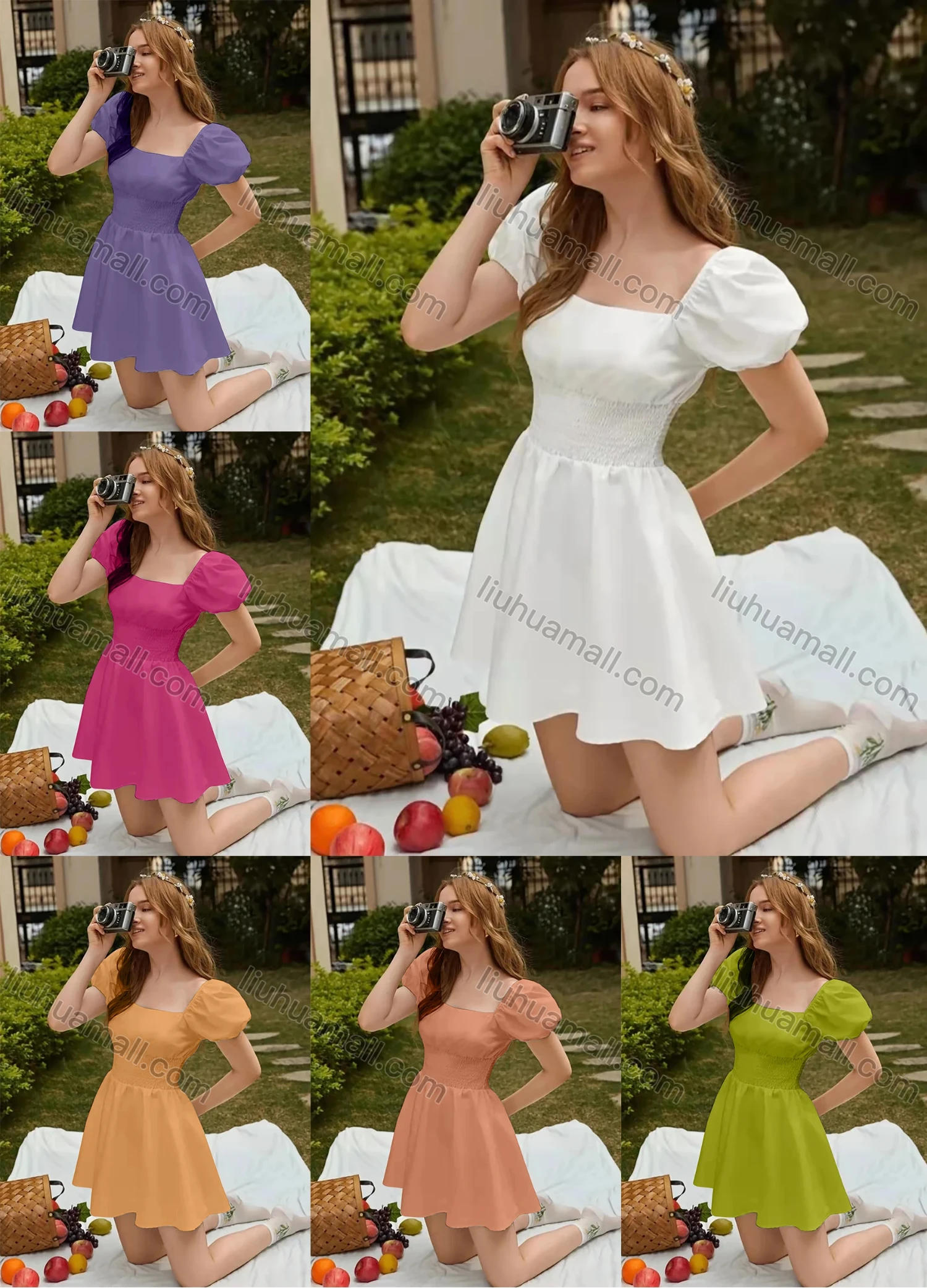 Wholesale Women's Retro Square Neck Puff Sleeve Open Back Shirred Ruffle Hem Plain Short Dress AY185# - Liuhuamall