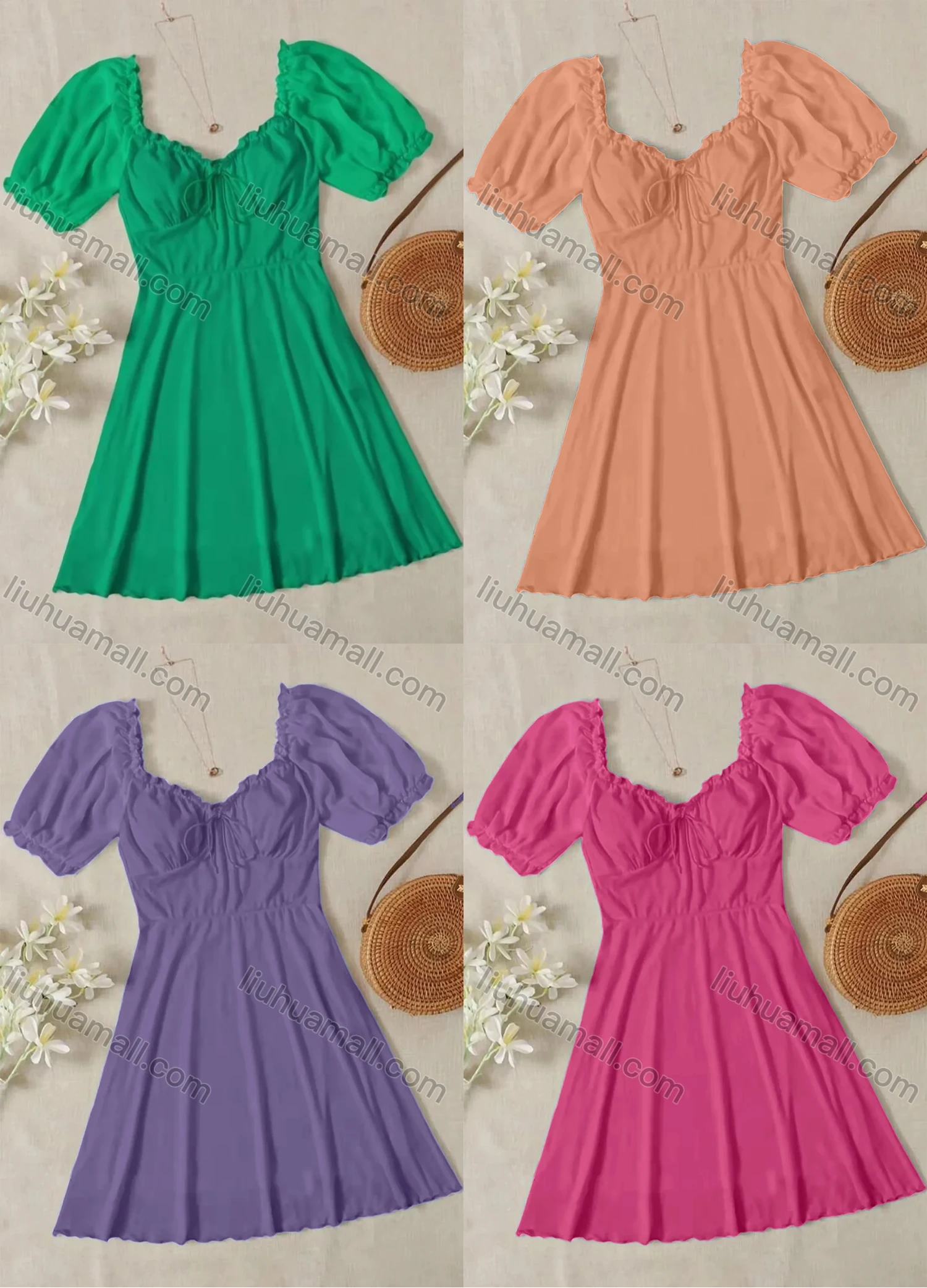 Wholesale Women's Sweetheart Neck Puff Sleeve Open Back Ruffle Trim Lace Up Plain Short Dress AY186# - Liuhuamall