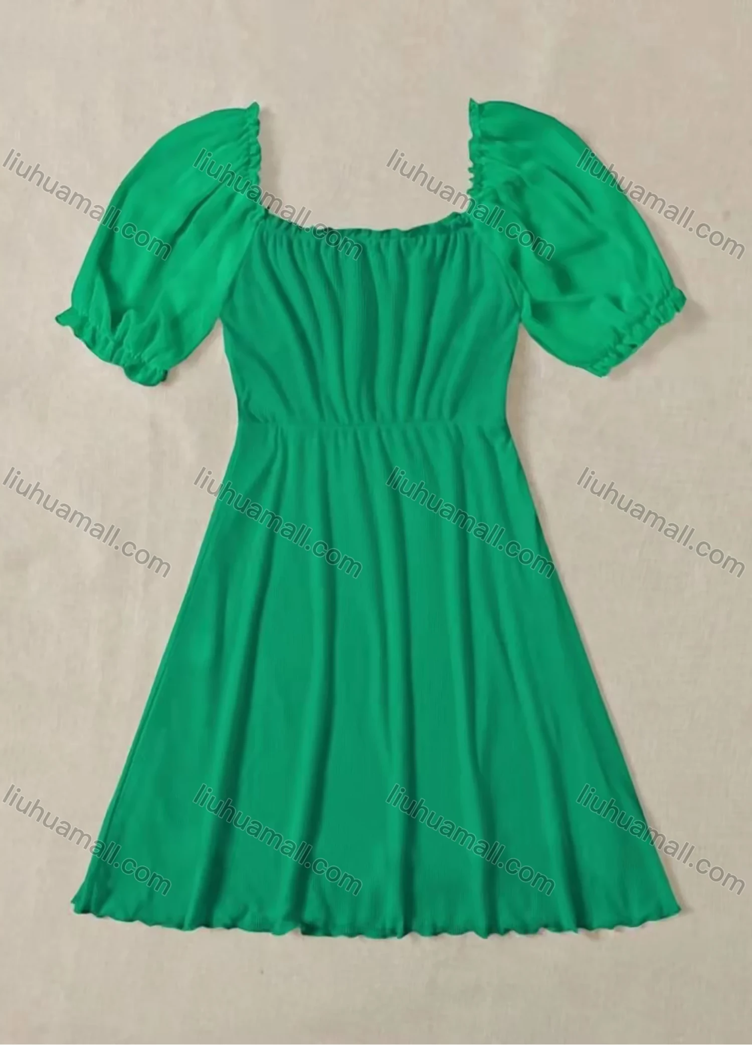 Wholesale Women's Sweetheart Neck Puff Sleeve Open Back Ruffle Trim Lace Up Plain Short Dress AY186# - Liuhuamall