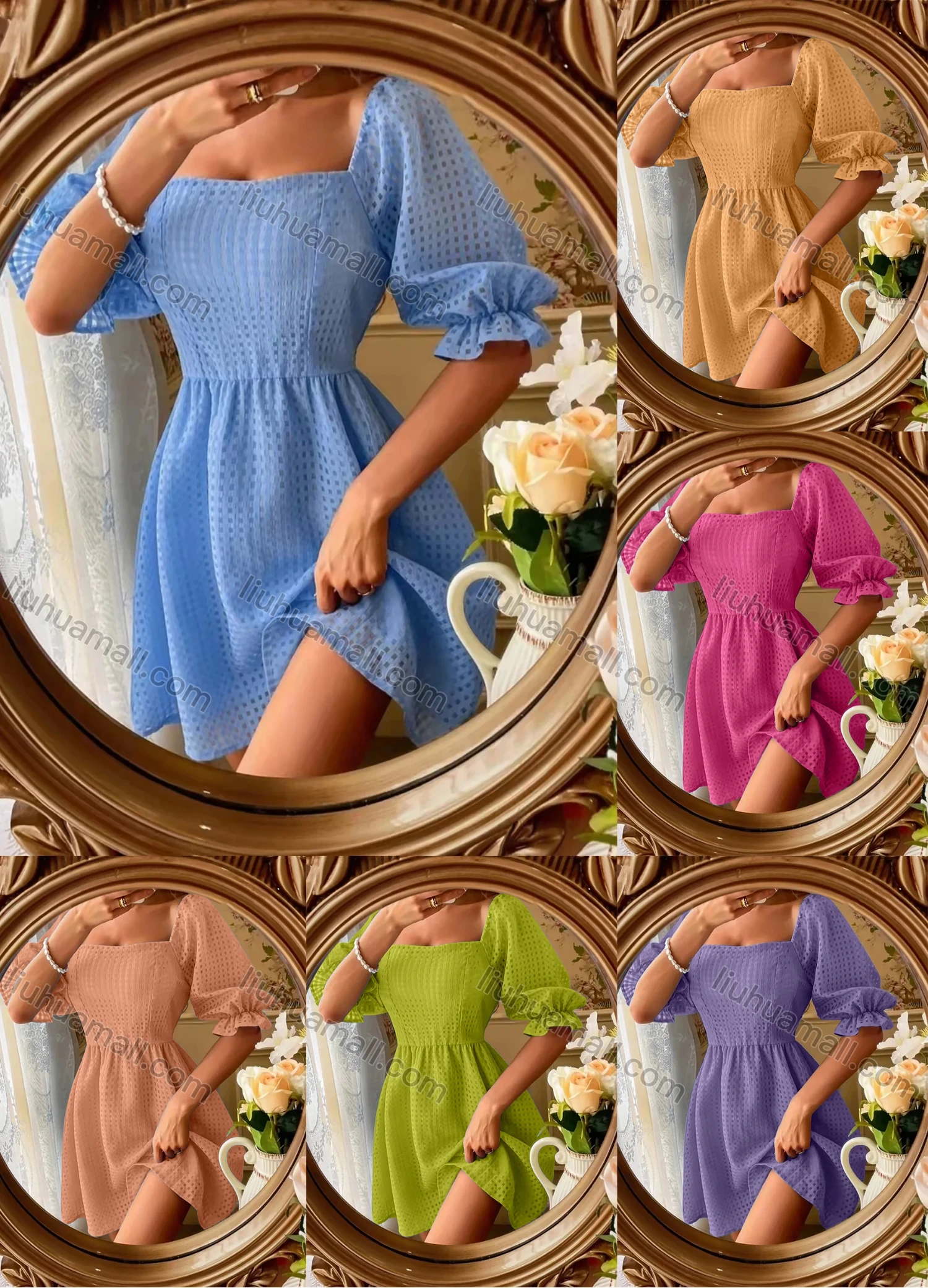 Wholesale Women's Square Neck Poet Sleeve Open Back Plaid Texture Shirred Plain Short Dress AY189# - Liuhuamall