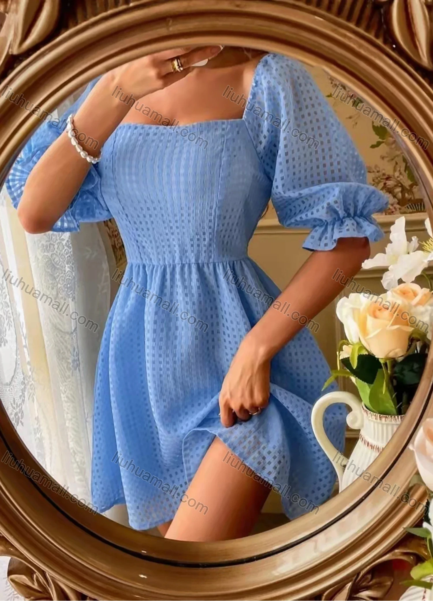 Wholesale Women's Square Neck Poet Sleeve Open Back Plaid Texture Shirred Plain Short Dress AY189# - Liuhuamall