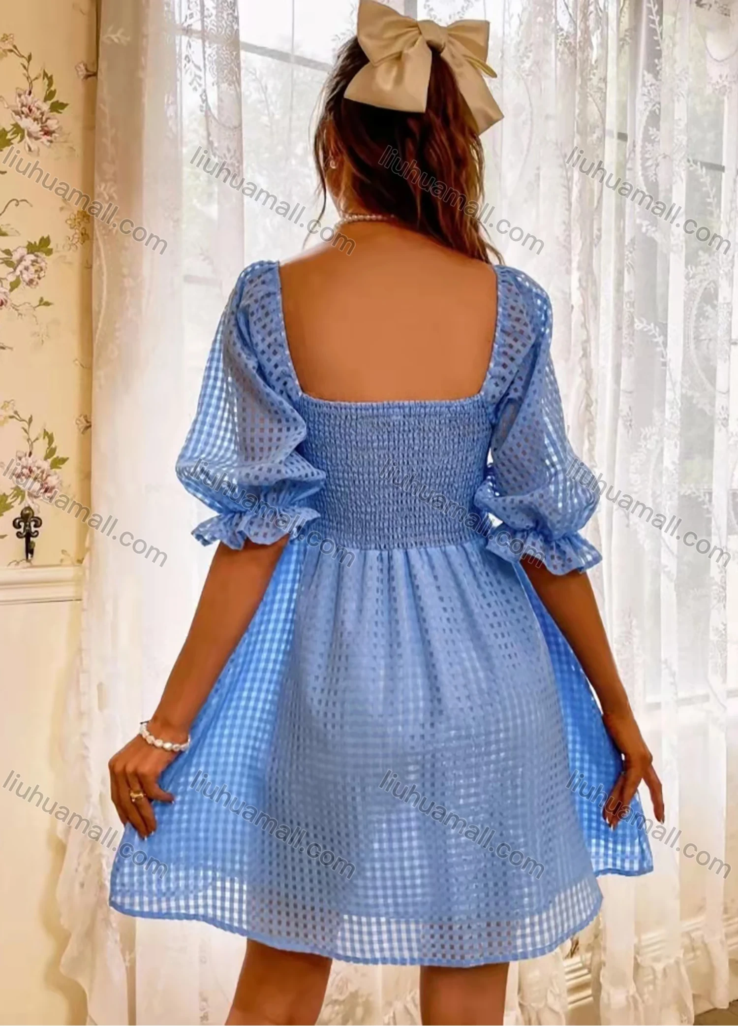 Wholesale Women's Square Neck Poet Sleeve Open Back Plaid Texture Shirred Plain Short Dress AY189# - Liuhuamall