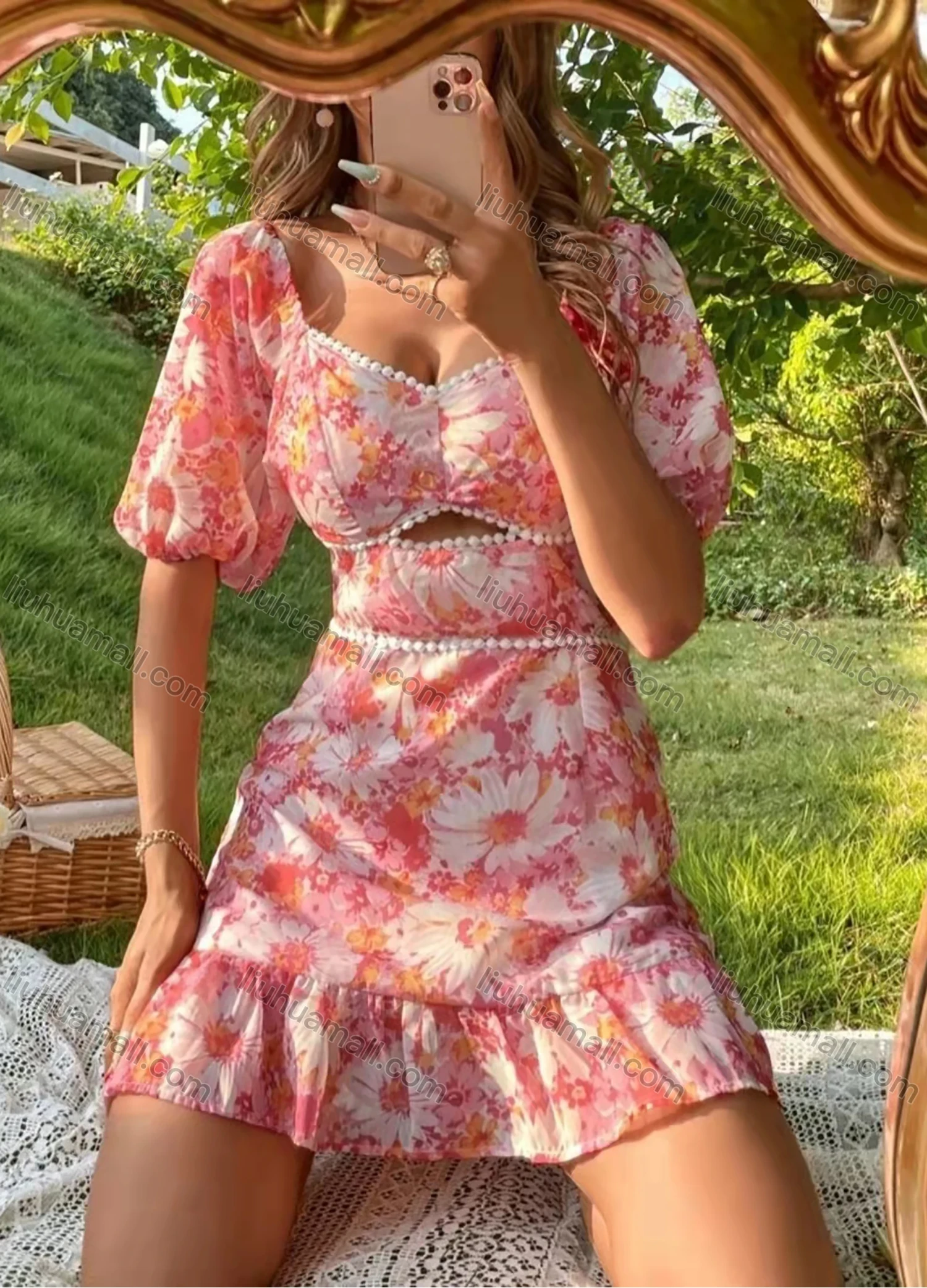 Wholesale Women's Sweetheart Neck Lantern Sleeve Floral Open Back Lace Up Cutout Ruffle Trim Short Dress AY190# - Liuhuamall