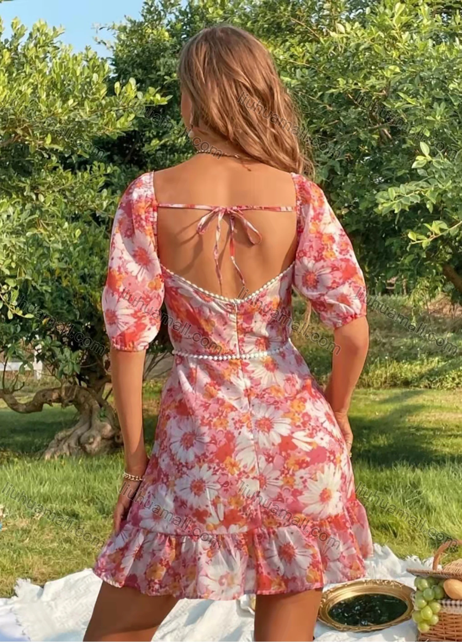 Wholesale Women's Sweetheart Neck Lantern Sleeve Floral Open Back Lace Up Cutout Ruffle Trim Short Dress AY190# - Liuhuamall