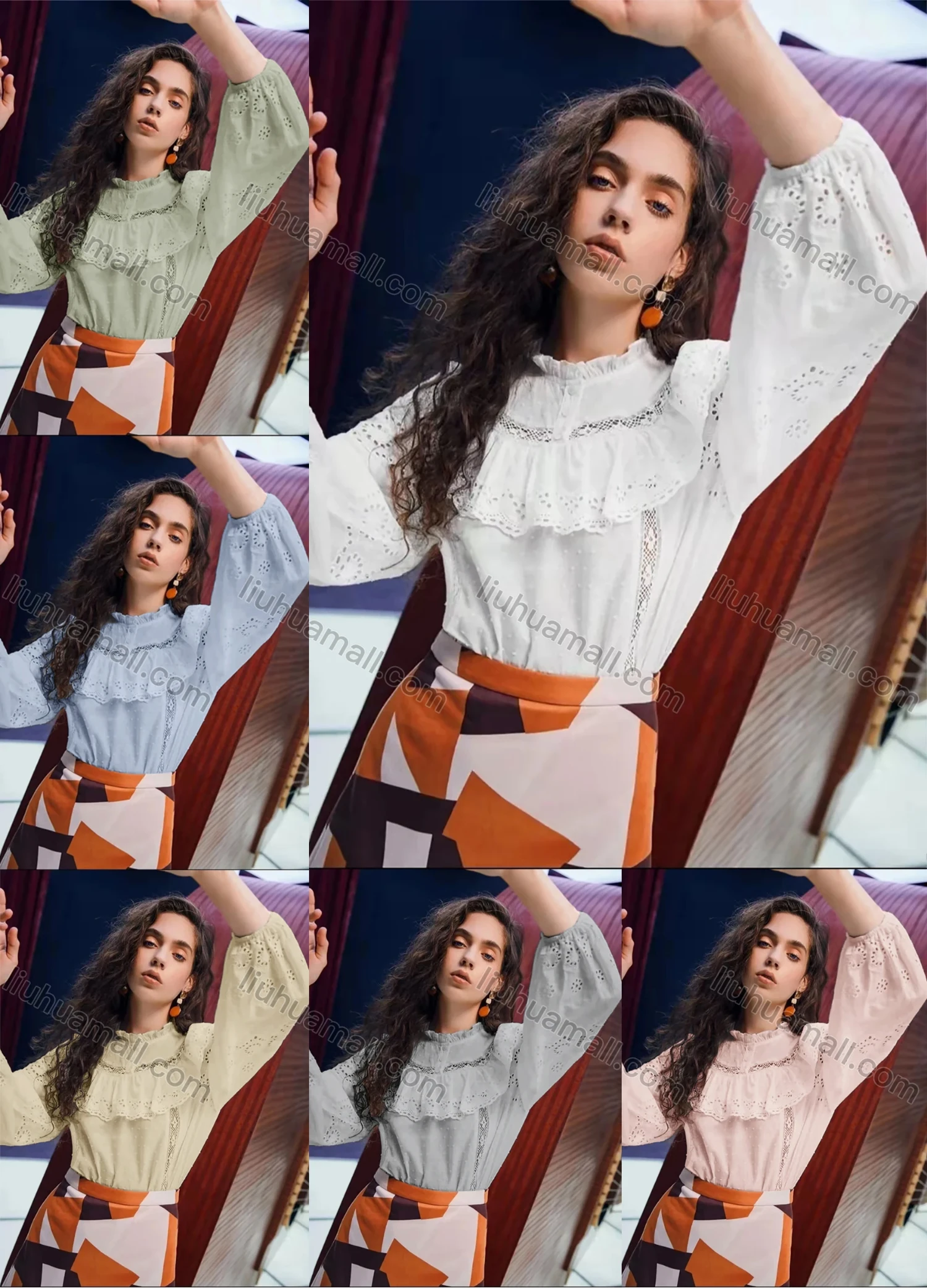 Wholesale Women's Retro Ruffle Neck Lantern Sleeve Ruffle Trim Buttons Hollow Out Layered Swiss Dot Plain Blouse AY191# - Liuhuamall