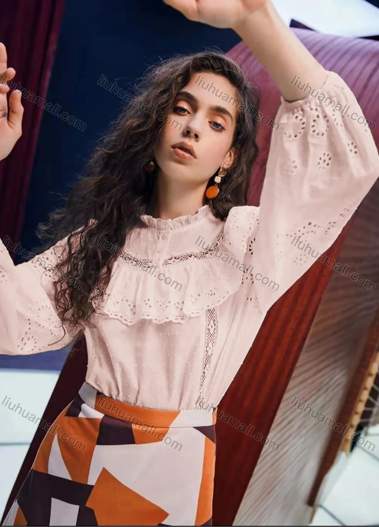 Wholesale Women's Retro Ruffle Neck Lantern Sleeve Ruffle Trim Buttons Hollow Out Layered Swiss Dot Plain Blouse AY191# - Liuhuamall