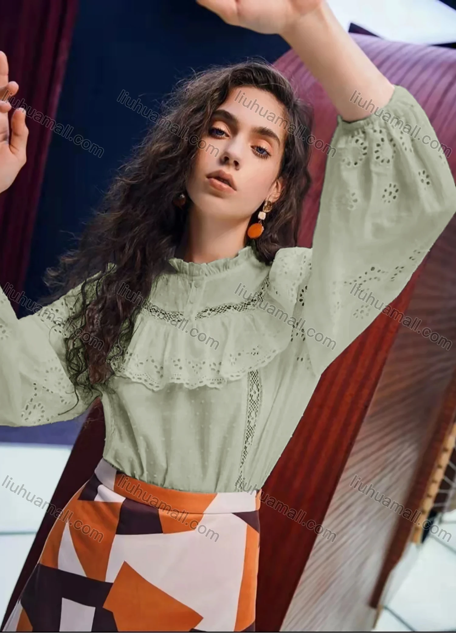 Wholesale Women's Retro Ruffle Neck Lantern Sleeve Ruffle Trim Buttons Hollow Out Layered Swiss Dot Plain Blouse AY191# - Liuhuamall