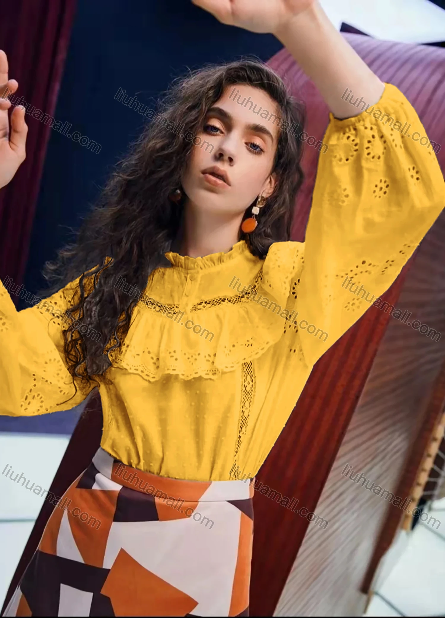 Wholesale Women's Retro Ruffle Neck Lantern Sleeve Ruffle Trim Buttons Hollow Out Layered Swiss Dot Plain Blouse AY191# - Liuhuamall
