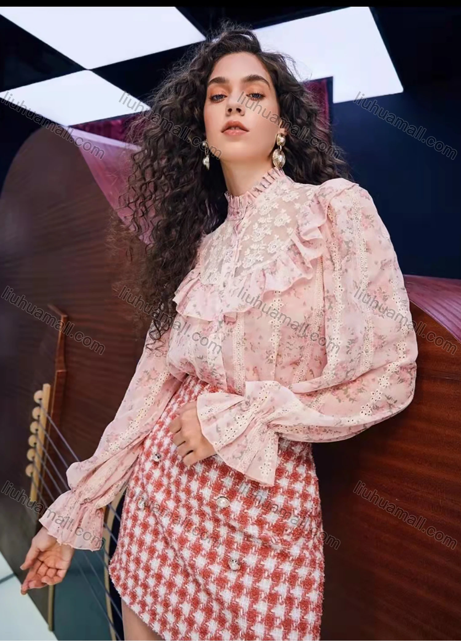 Wholesale Women's Retro Ruffle Neck Poet Sleeve Ruffle Trim Floral Embroidery Button Front Blouse AY192# - Liuhuamall