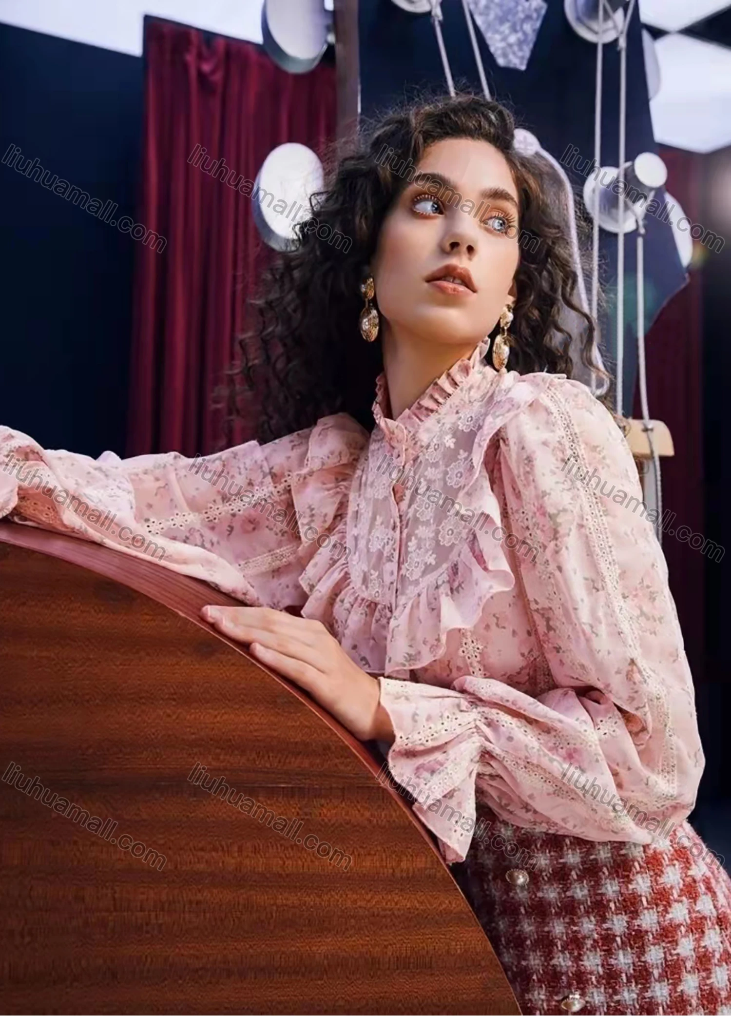 Wholesale Women's Retro Ruffle Neck Poet Sleeve Ruffle Trim Floral Embroidery Button Front Blouse AY192# - Liuhuamall