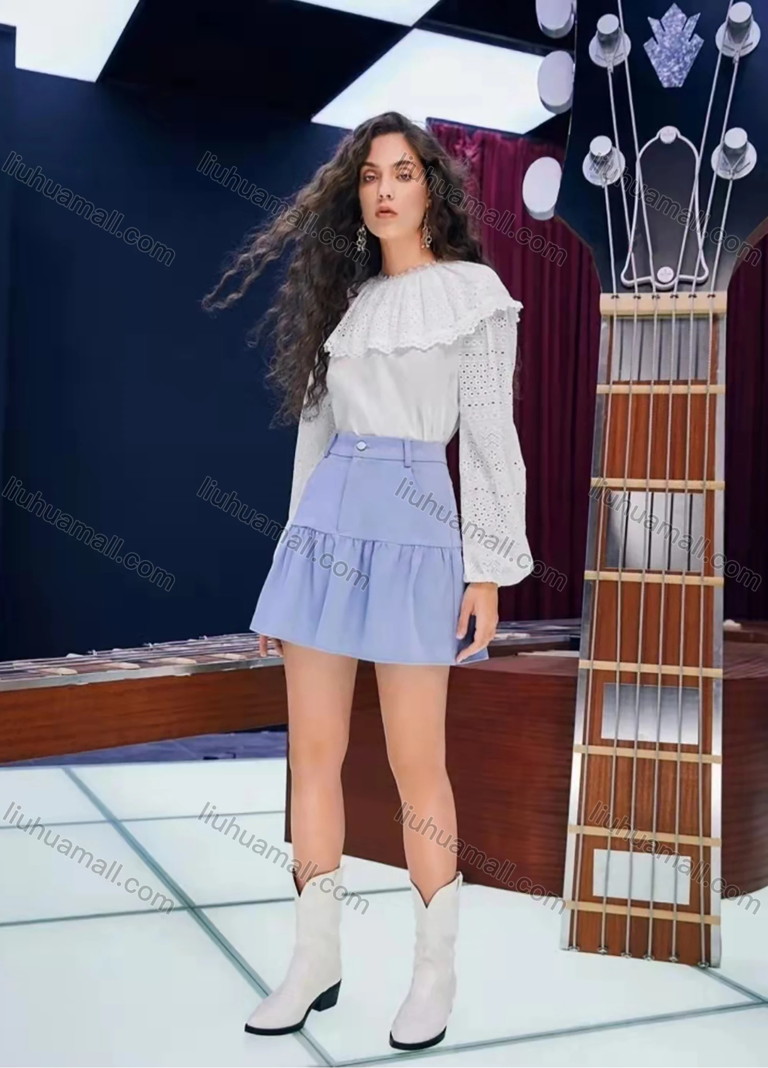 Wholesale Women's Round Neck Lantern Sleeve Eyelet Lace Layered Plain Retro Blouse AY193# - Liuhuamall