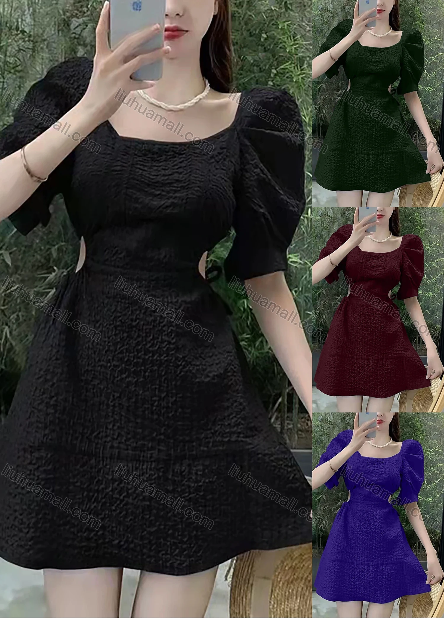 Wholesale Women's Retro Square Neck Puff Sleeve Ruched Cutout Waist Lace Up Plain Short Dress AY195# - Liuhuamall