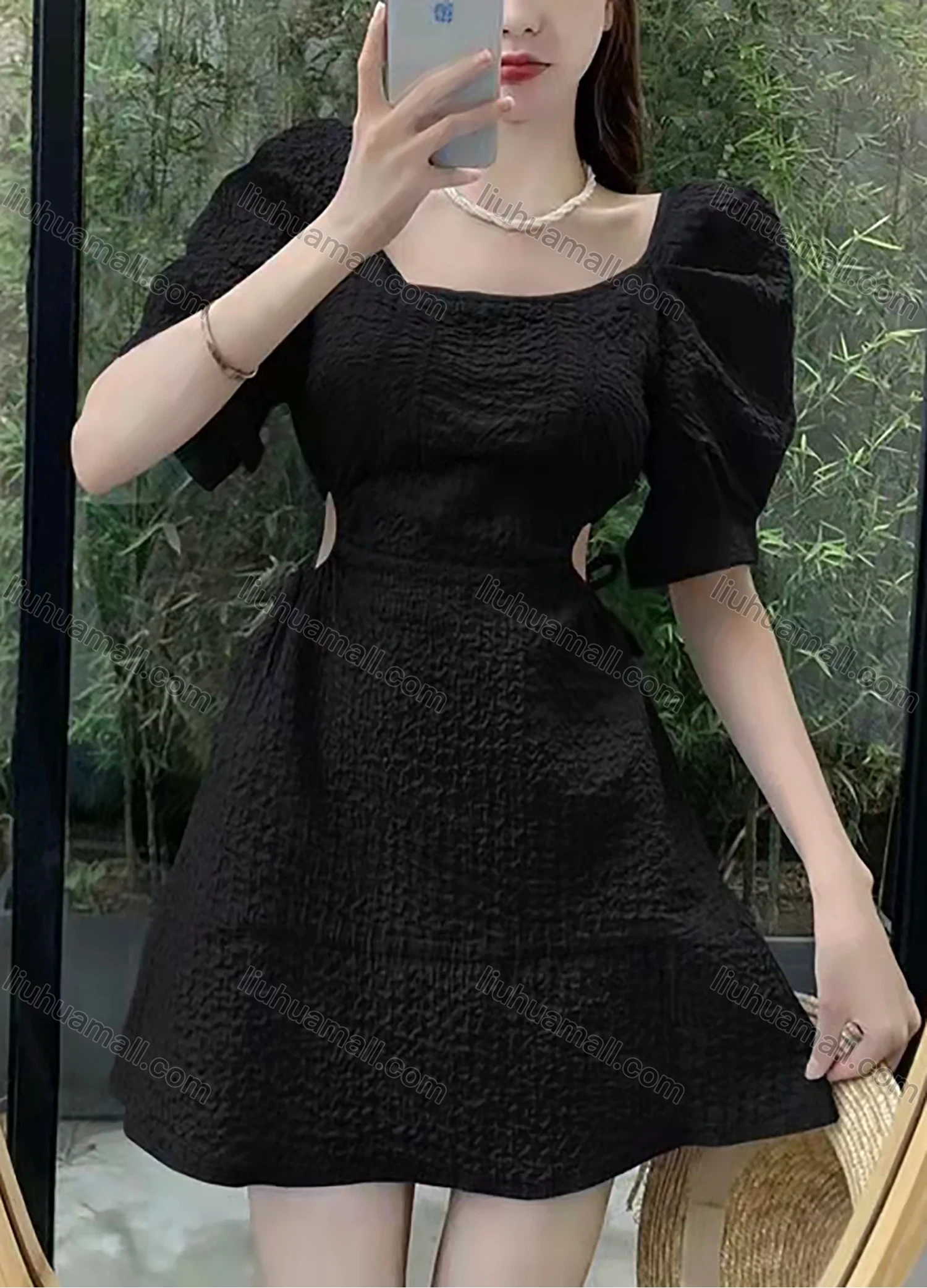 Wholesale Women's Retro Square Neck Puff Sleeve Ruched Cutout Waist Lace Up Plain Short Dress AY195# - Liuhuamall