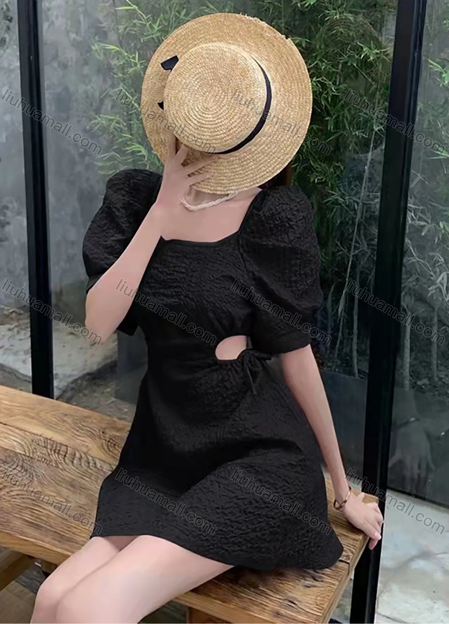 Wholesale Women's Retro Square Neck Puff Sleeve Ruched Cutout Waist Lace Up Plain Short Dress AY195# - Liuhuamall