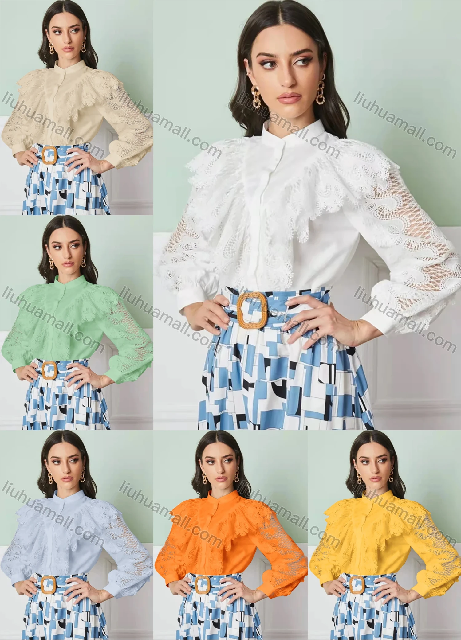 Wholesale Women's Stand Collar Lantern Sleeve Sheer Lace Button Down Plain Blouse AY196# - Liuhuamall