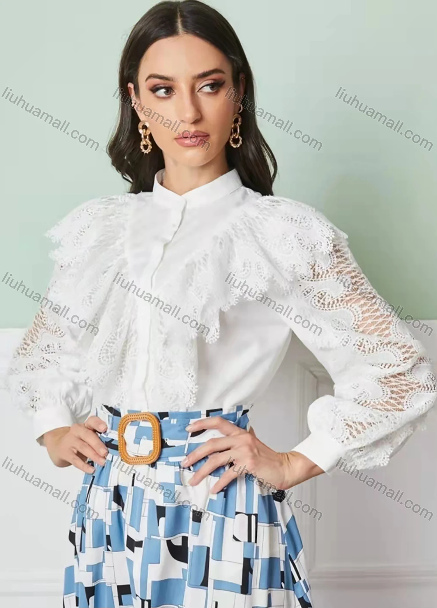 Wholesale Women's Stand Collar Lantern Sleeve Sheer Lace Button Down Plain Blouse AY196# - Liuhuamall