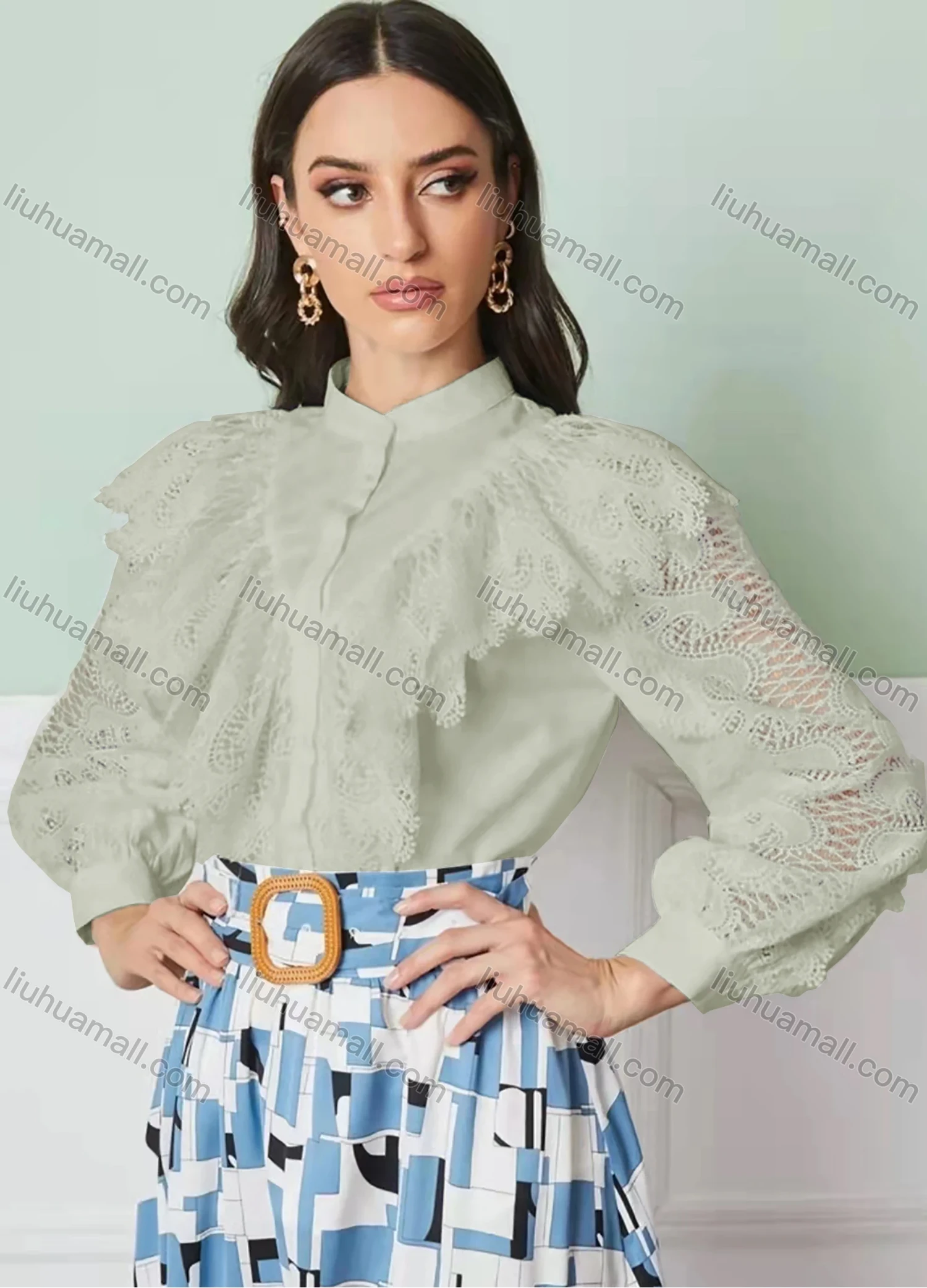 Wholesale Women's Stand Collar Lantern Sleeve Sheer Lace Button Down Plain Blouse AY196# - Liuhuamall