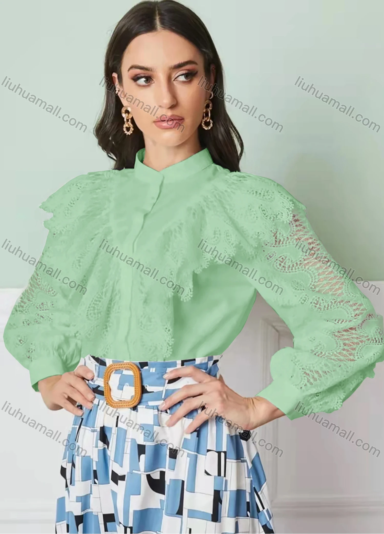 Wholesale Women's Stand Collar Lantern Sleeve Sheer Lace Button Down Plain Blouse AY196# - Liuhuamall