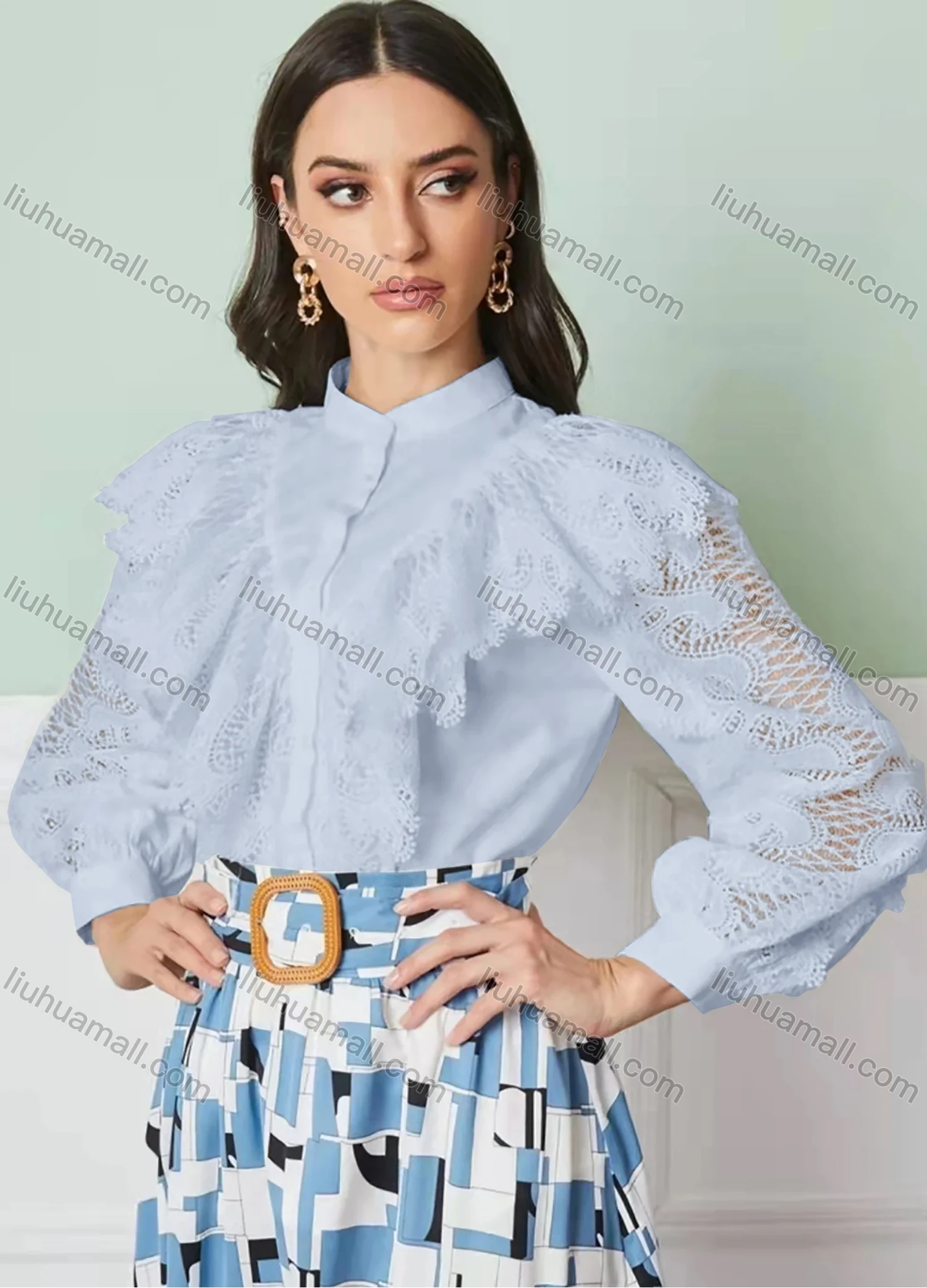 Wholesale Women's Stand Collar Lantern Sleeve Sheer Lace Button Down Plain Blouse AY196# - Liuhuamall