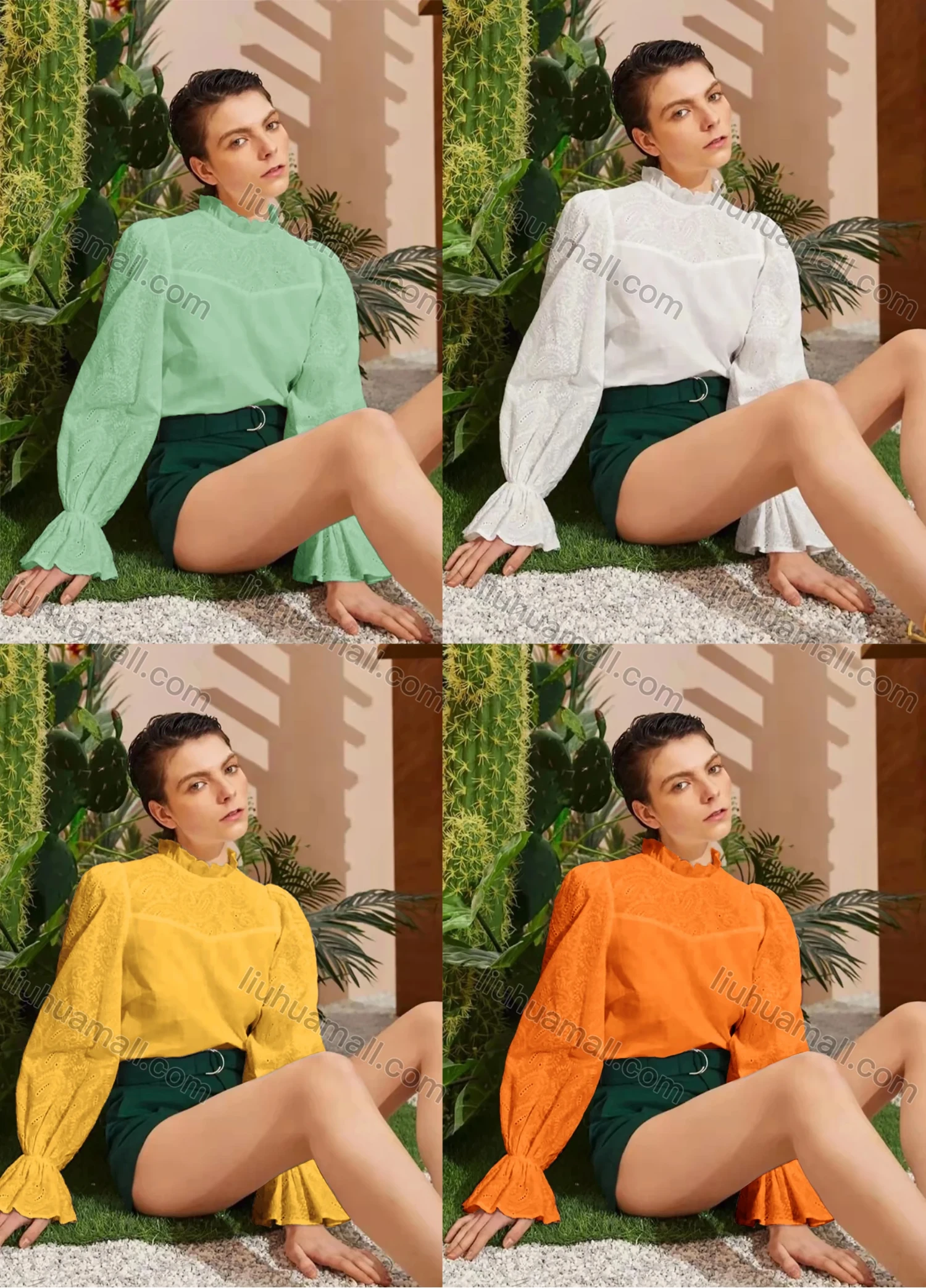 Wholesale Women's Retro Ruffle Neck Poet Sleeve Ruffle Trim Eyelet Lace Paisley Blouse AY197# - Liuhuamall