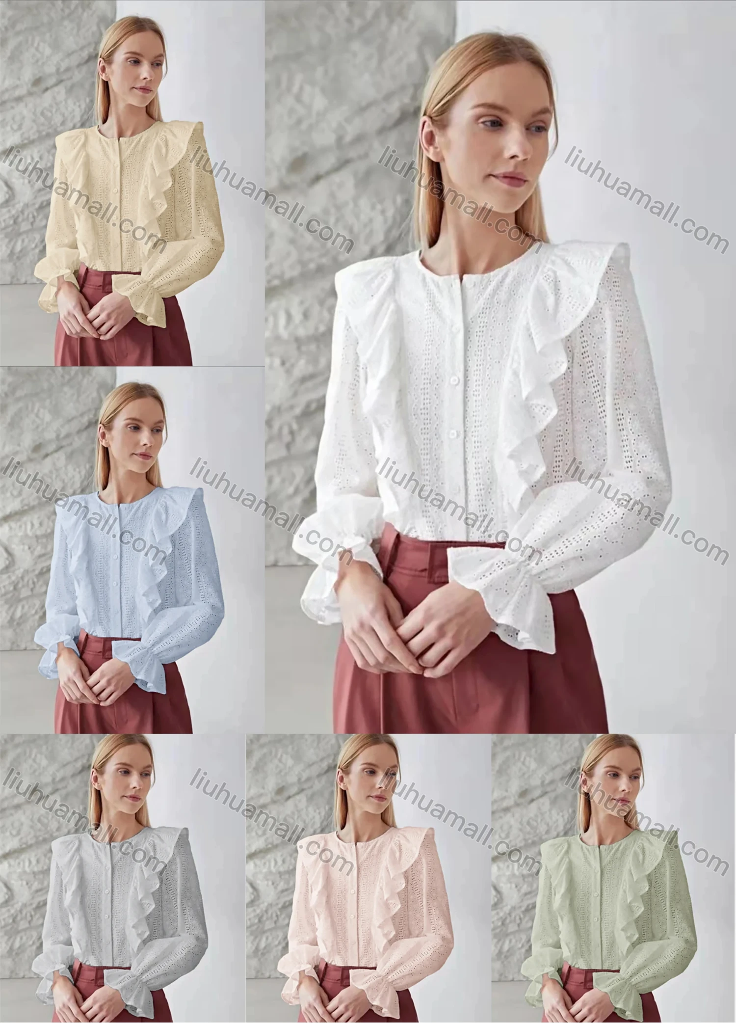 Wholesale Women's Round Neck Poet Sleeve Ruffle Trim Button Down Eyelet Lace Plain Blouse AY198# - Liuhuamall