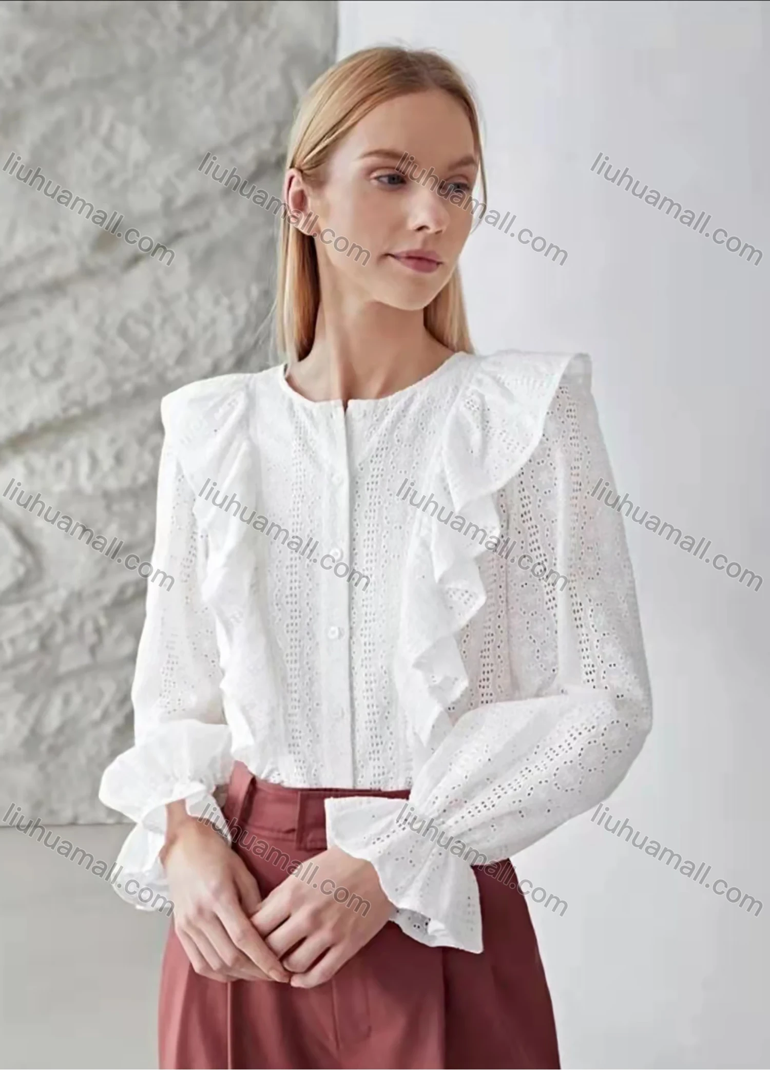 Wholesale Women's Round Neck Poet Sleeve Ruffle Trim Button Down Eyelet Lace Plain Blouse AY198# - Liuhuamall