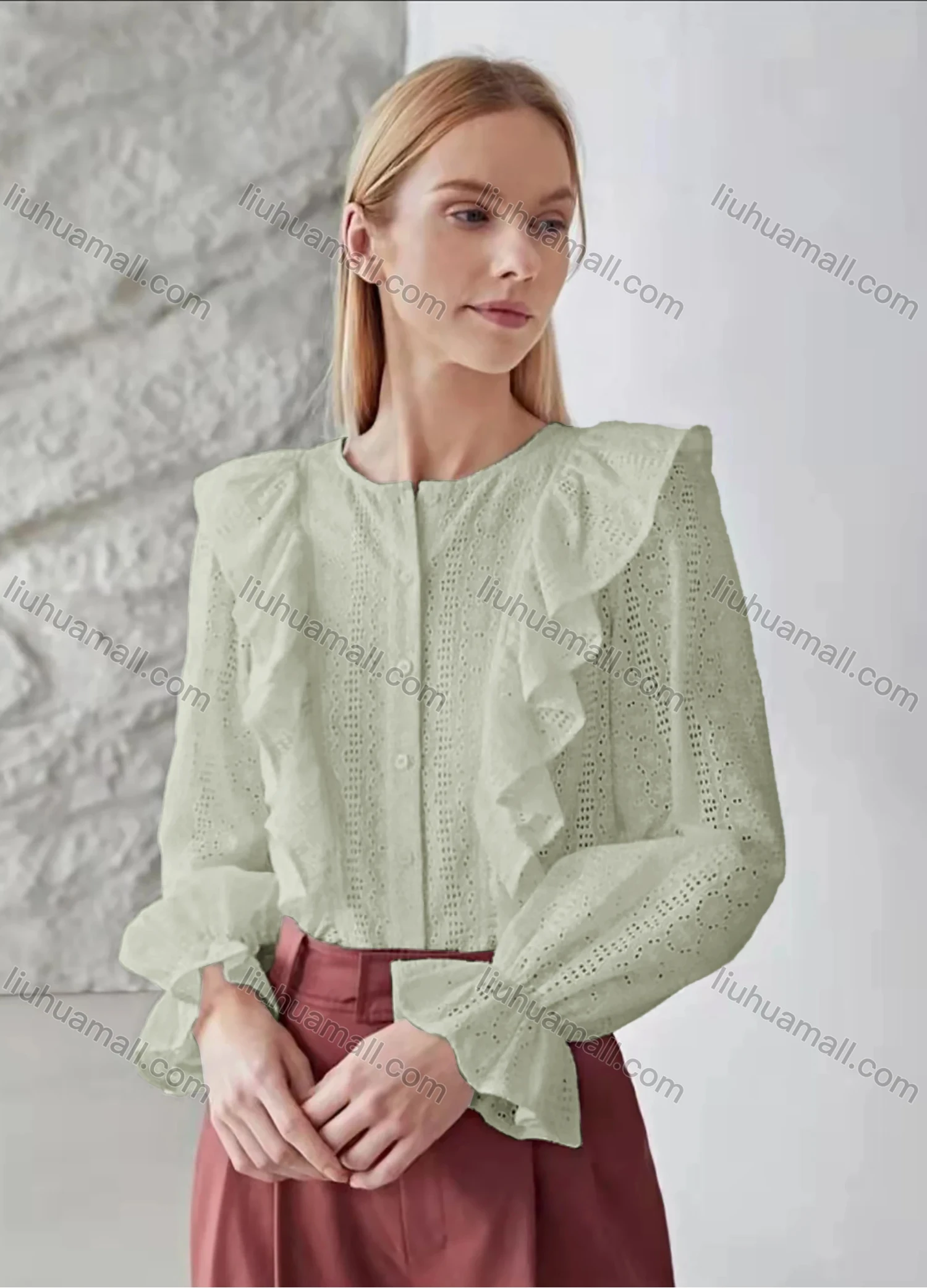 Wholesale Women's Round Neck Poet Sleeve Ruffle Trim Button Down Eyelet Lace Plain Blouse AY198# - Liuhuamall
