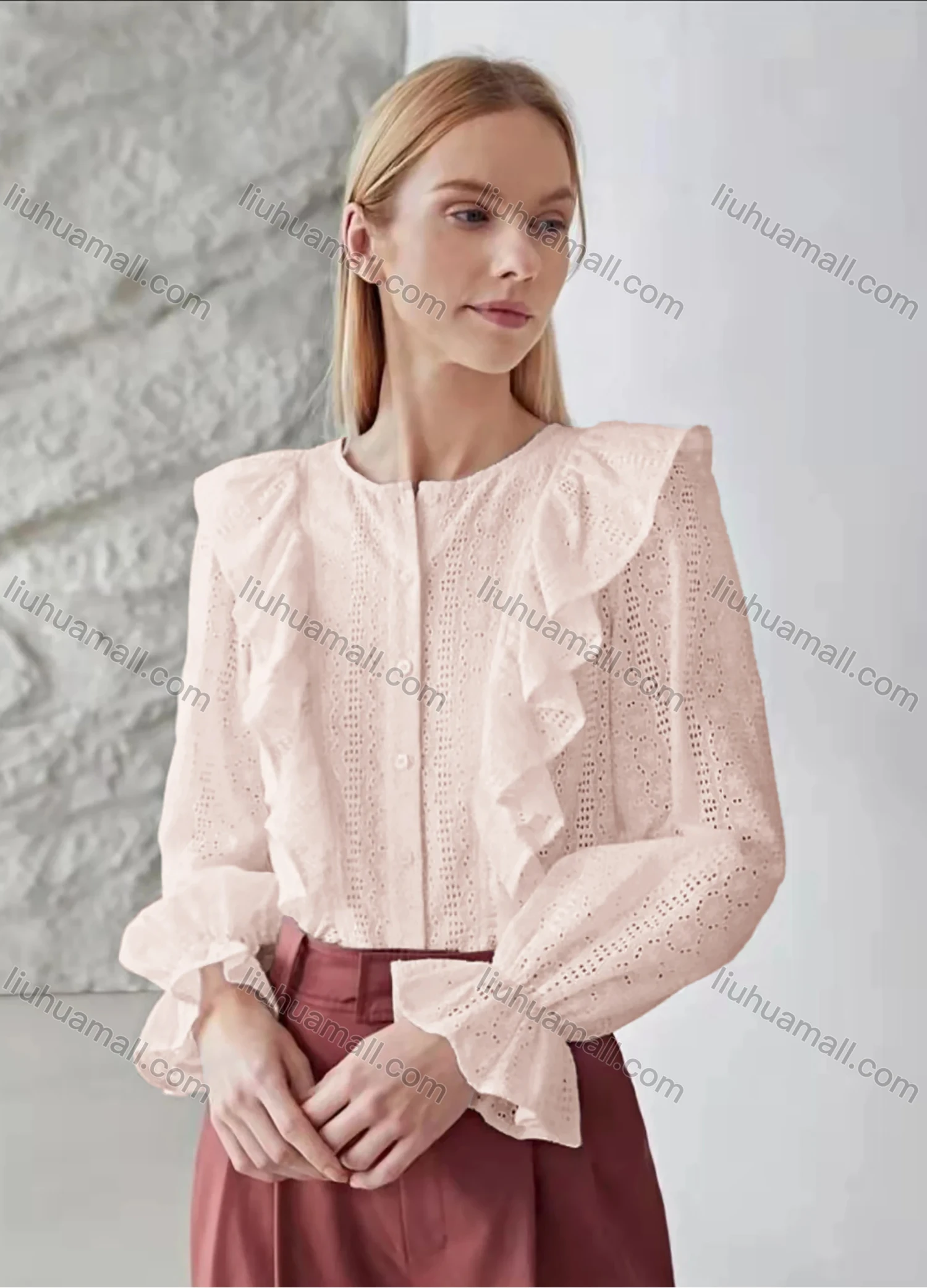 Wholesale Women's Round Neck Poet Sleeve Ruffle Trim Button Down Eyelet Lace Plain Blouse AY198# - Liuhuamall