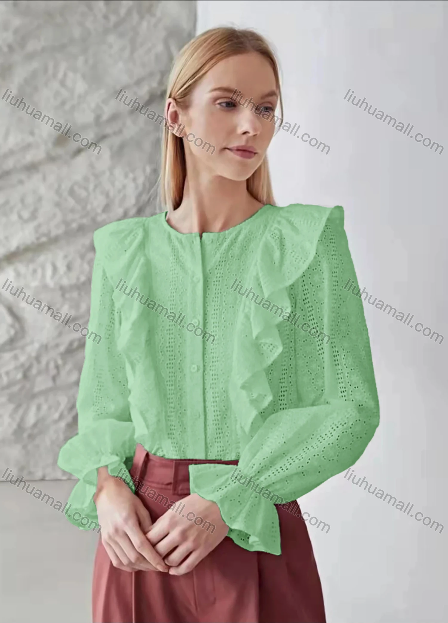 Wholesale Women's Round Neck Poet Sleeve Ruffle Trim Button Down Eyelet Lace Plain Blouse AY198# - Liuhuamall