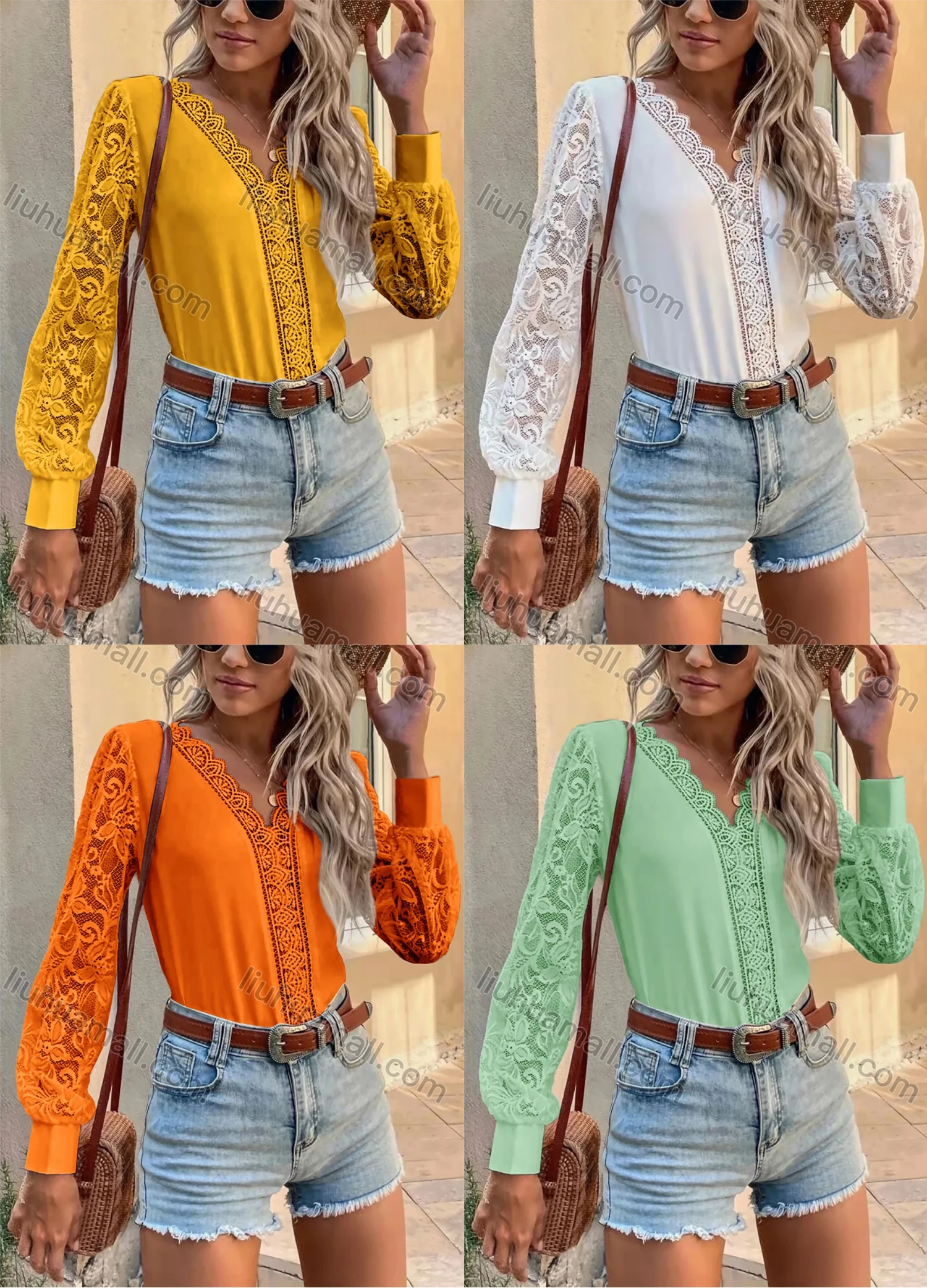 Wholesale Women's Elegant V Neck Lace Lantern Sleeve Plain Blouse AY199# - Liuhuamall